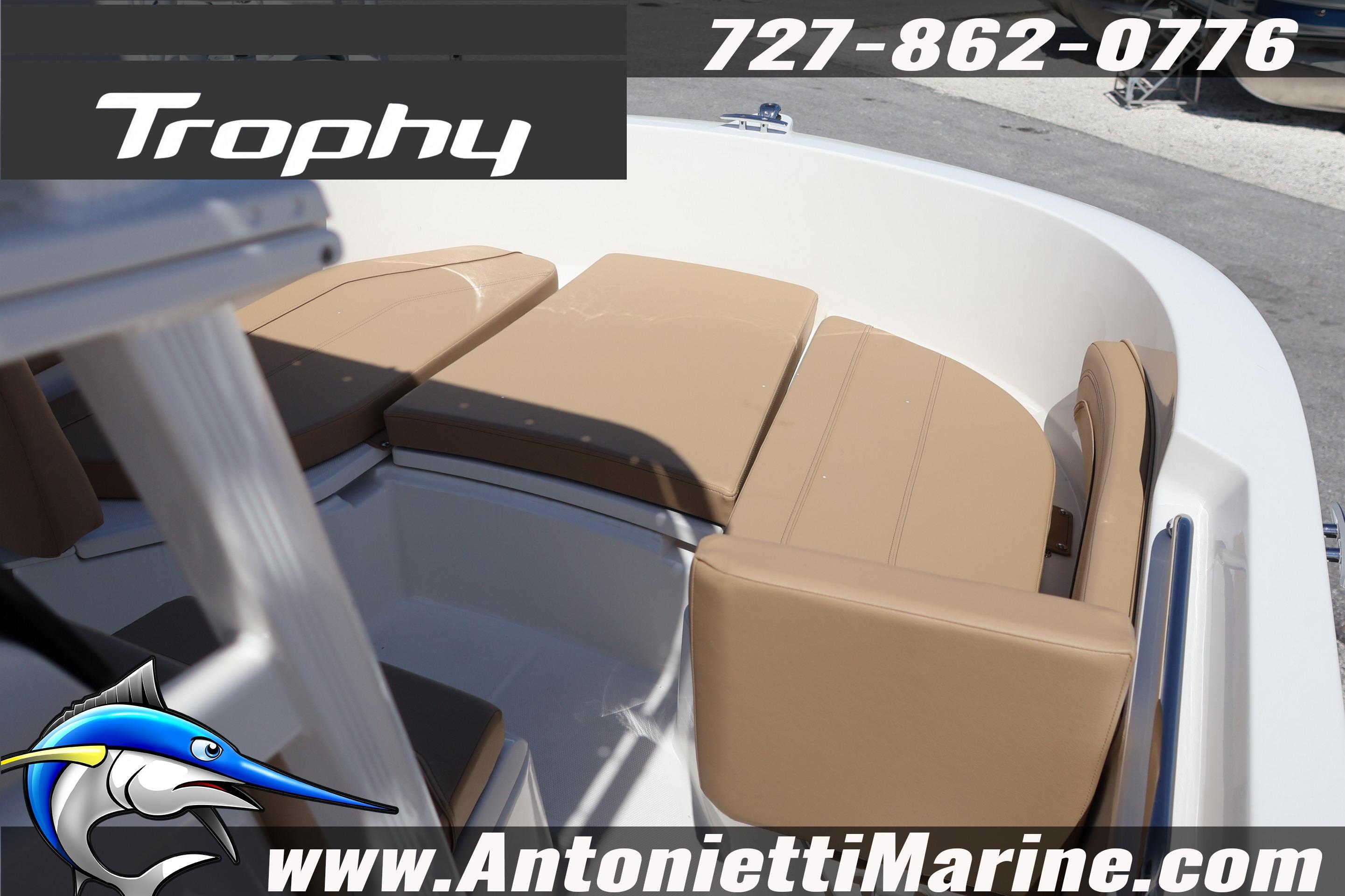 2026 Bayliner Trophy T20CC boat interior with tan seating, displayed at Antonietti Marine.