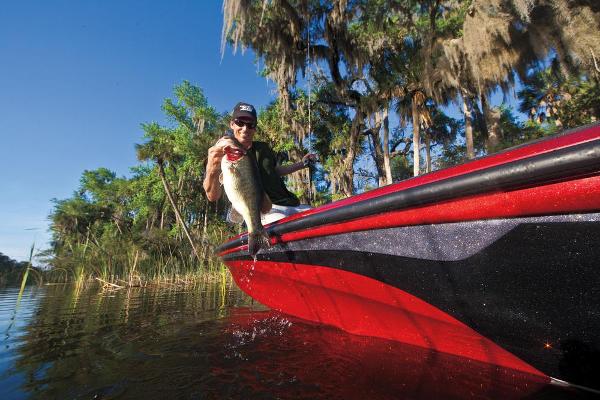 Manufacturer Provided Image: Man fishing from a 2013 Nitro Z-8 boat, holding a large fish in a scenic lake.