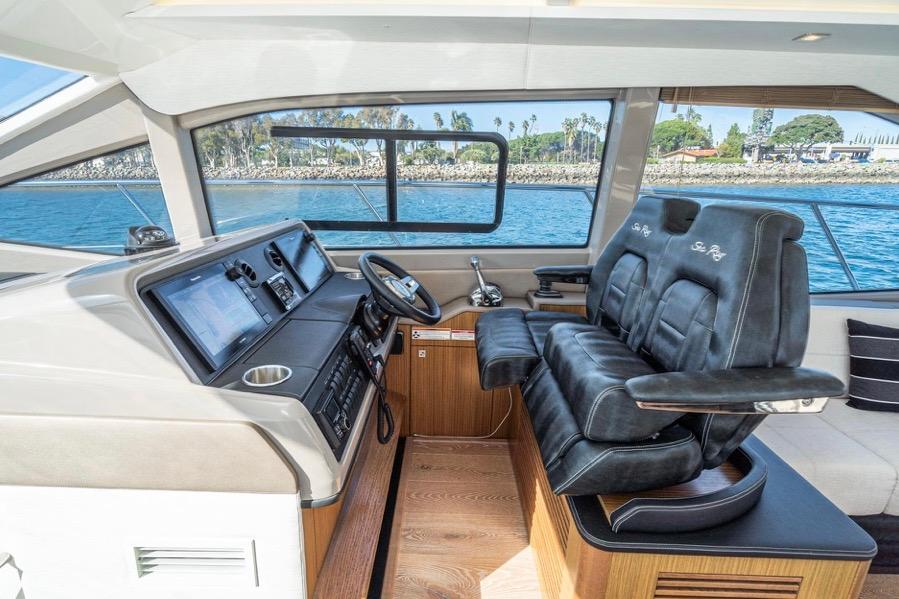 Premium leather seating and state of art helm station  with joystick  controls and simrad integration.