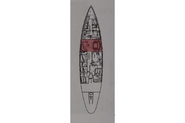 Deck plan of 1930 Frederikksund Gaff Topsail Schooner, highlighting central section in red.