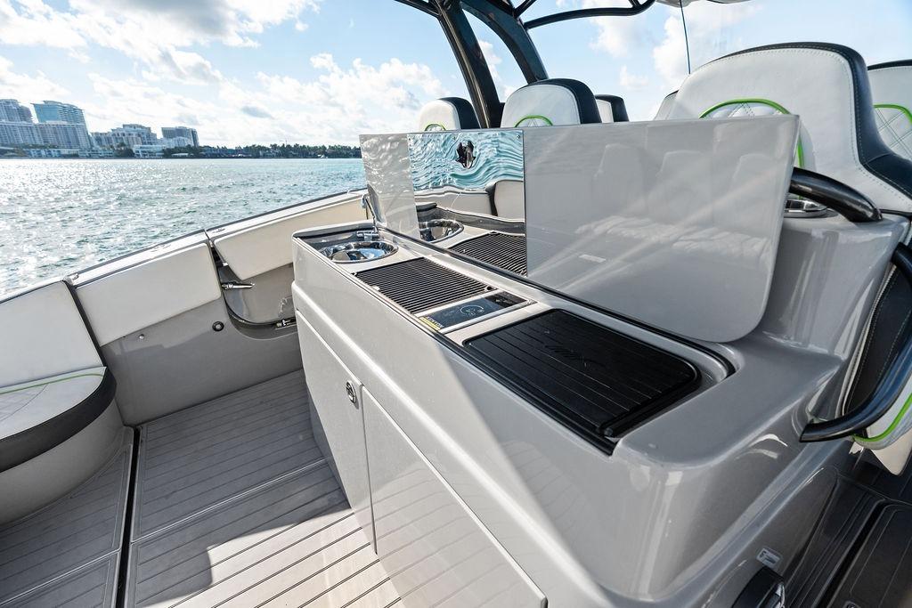Luxury yacht interior of 2022 Midnight Express 43' Solstice with sleek design and modern amenities.