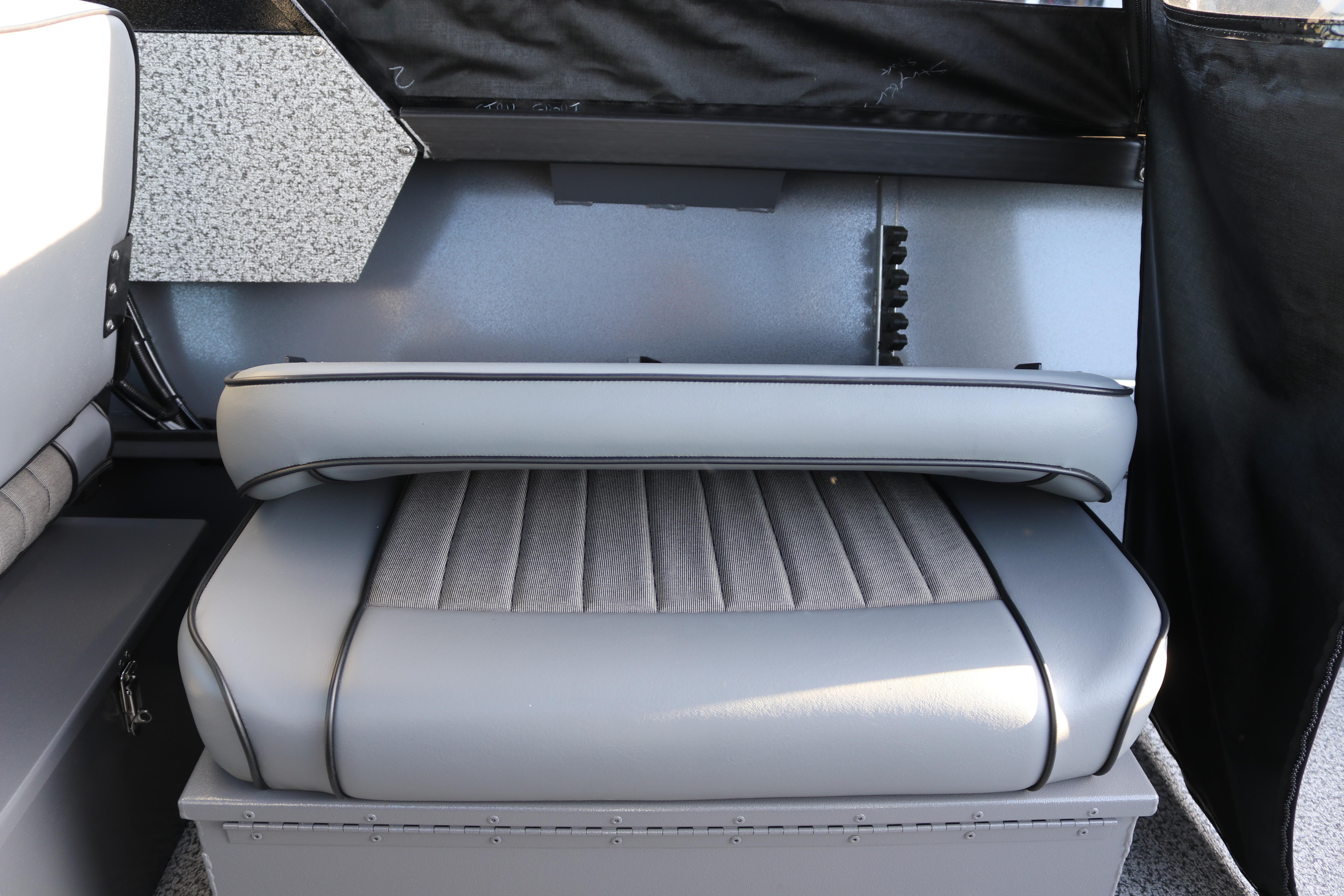 2026 Alumaweld Stryker X202 boat interior with gray cushioned seating.