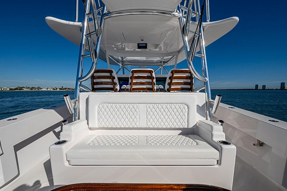 Luxurious Sparks 46 boat, 2026 model, featuring elegant white upholstery.
