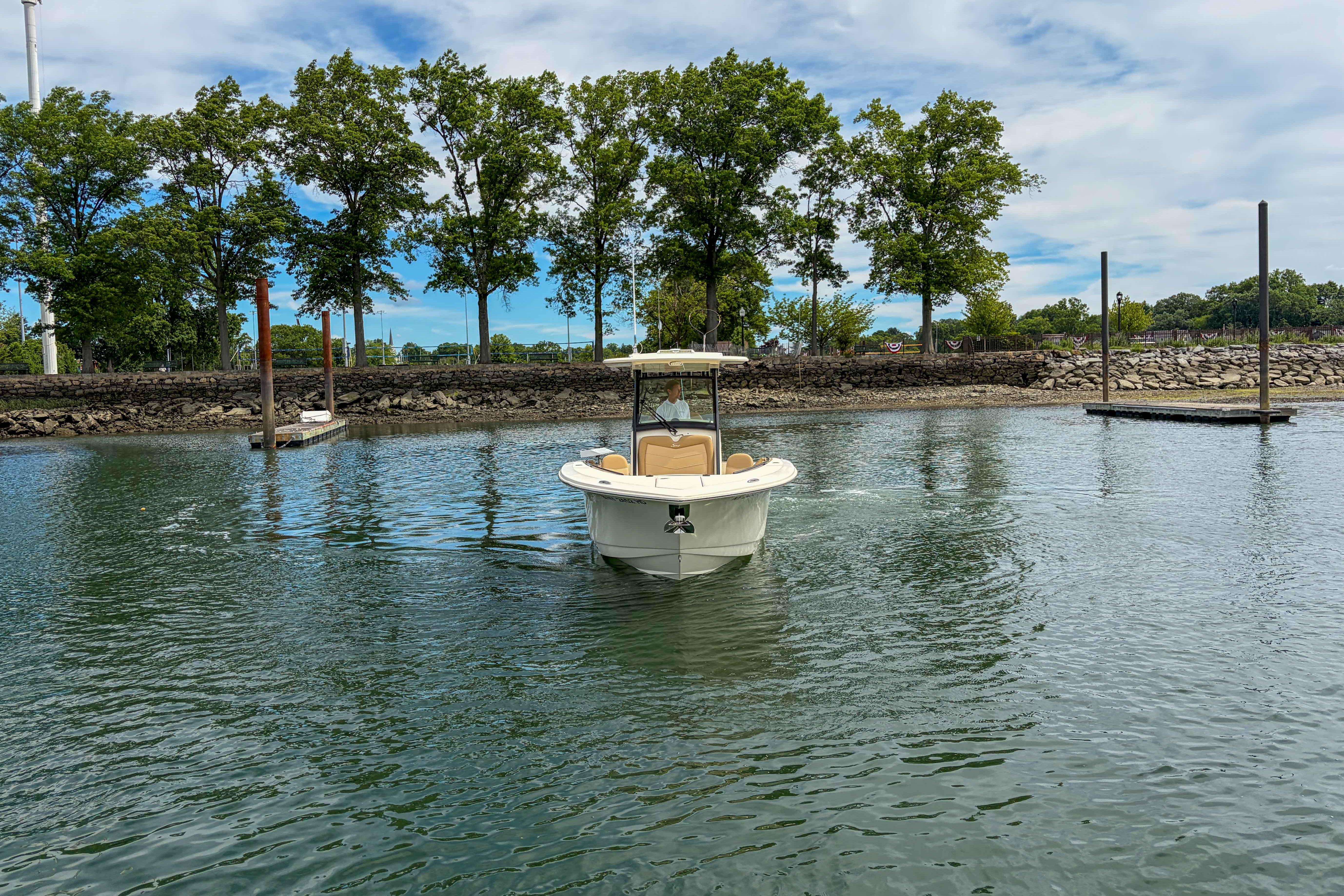 2020 Scout 255 LXF boat navigating calm waters near a tree-lined shore.