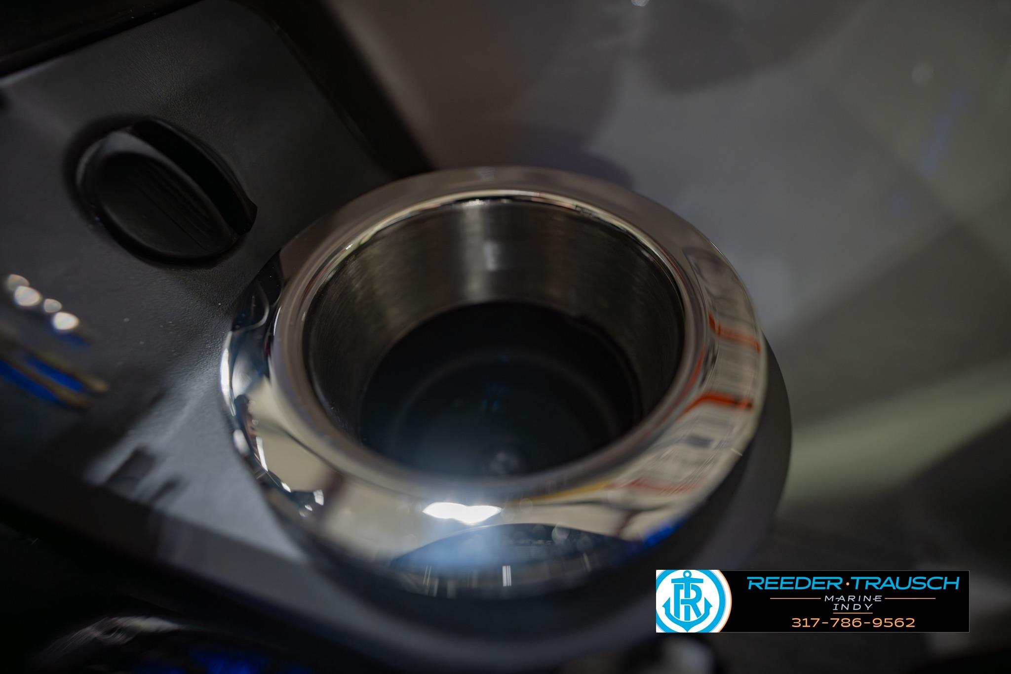 Close-up of a 2026 Bennington QX 25 QXFBA cup holder with chrome finish.