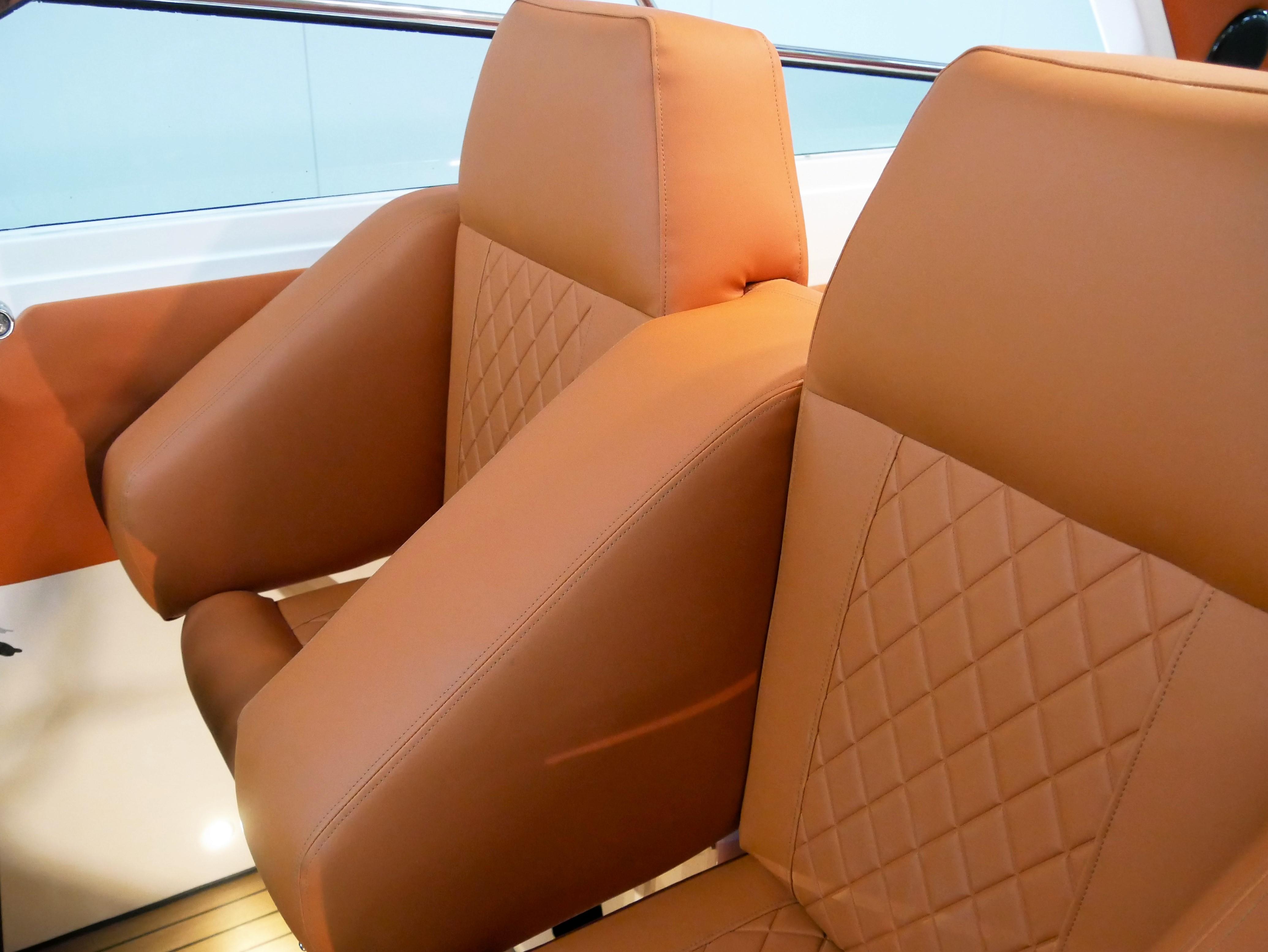 Luxurious tan leather seats on a 1991 Sunseeker Thunderhawk 43 yacht.