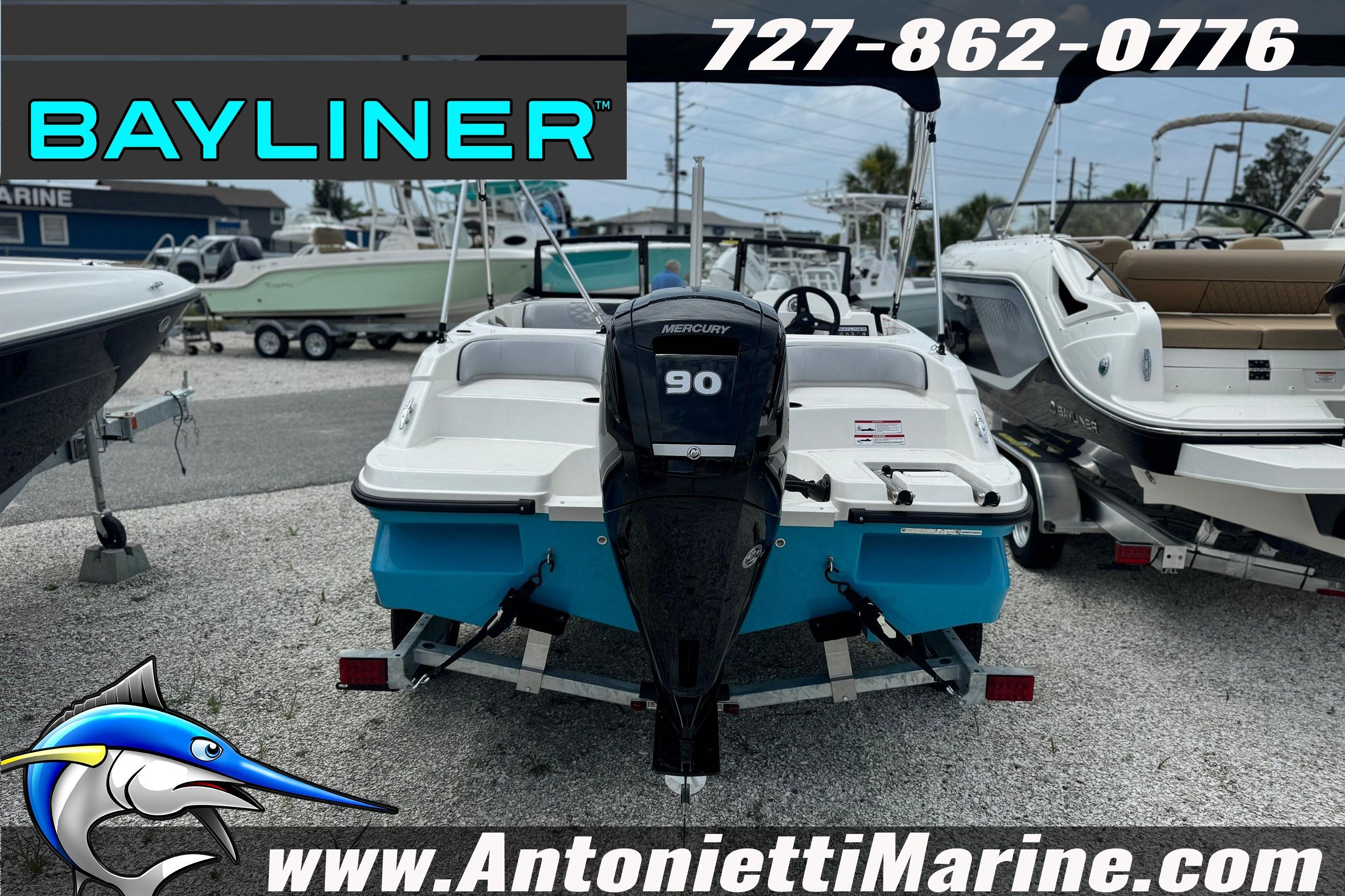 2026 Bayliner Element M17 boat with Mercury 90 engine at Antonietti Marine dealership.