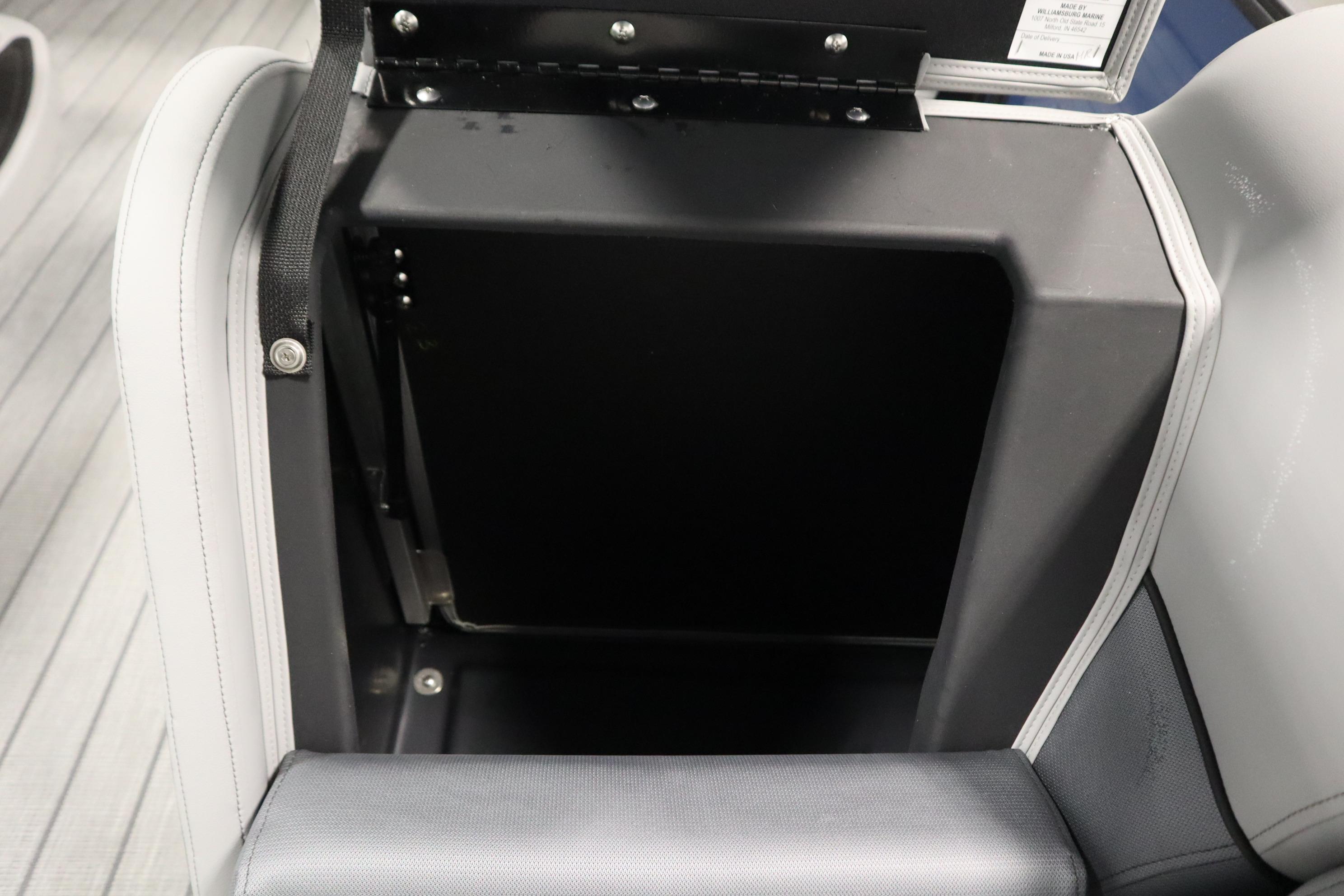 Interior storage compartment of 2025 Bentley Pontoons Elite 253 Admiral Tri-toon.