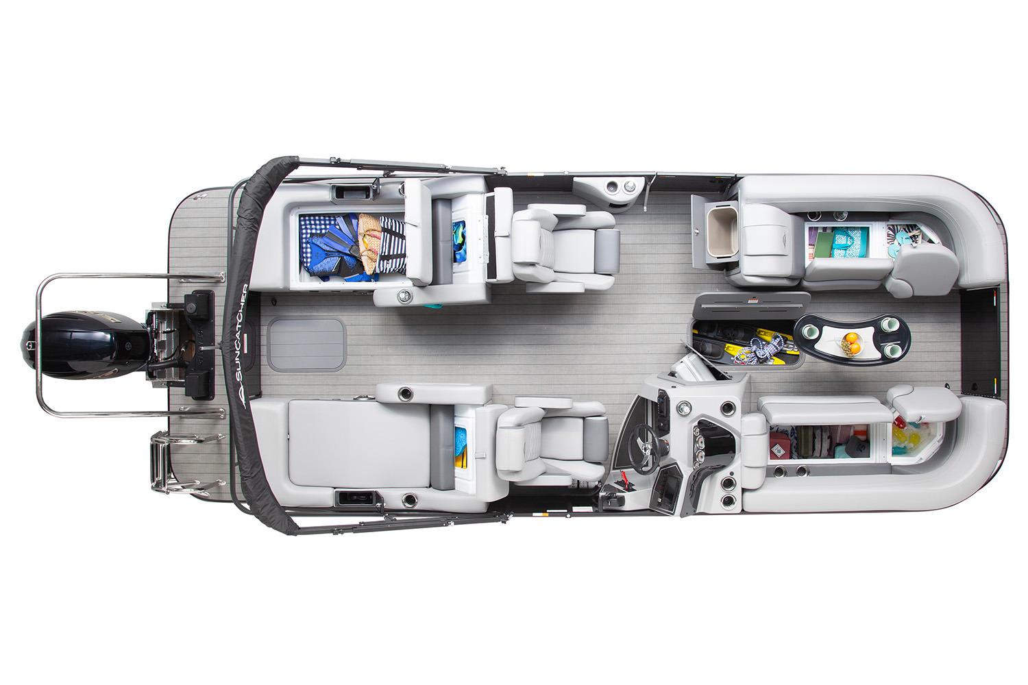 Manufacturer Provided Image: 2026 SunCatcher Fusion 322SS pontoon boat, top view, showcasing spacious seating and modern design.