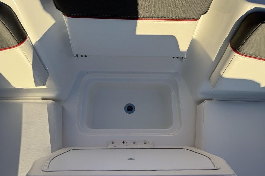 Interior view of 2026 Tahoe T16 boat seating and storage area.