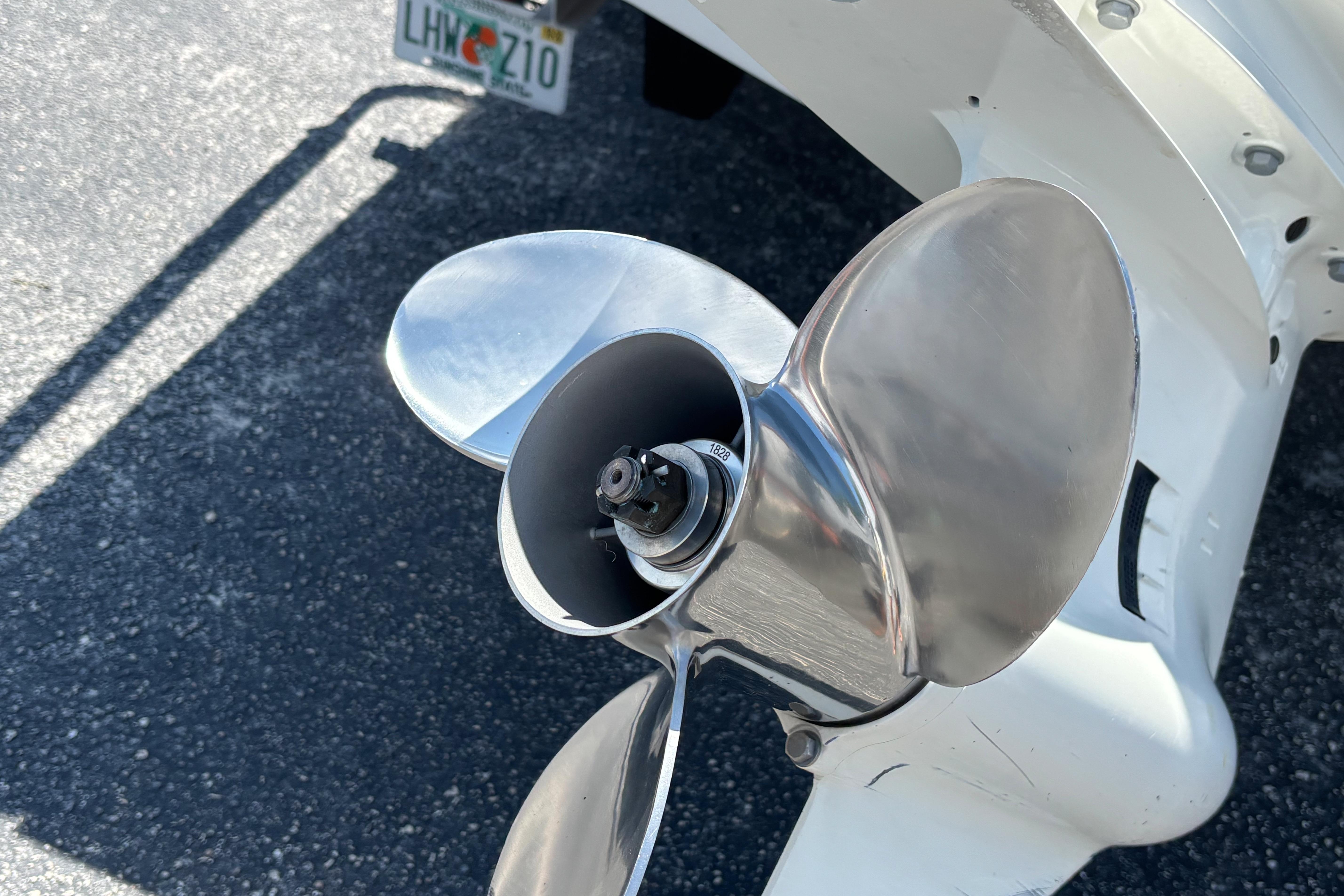 Close-up of a 2019 Hurricane Sundeck Sport 218 OB boat propeller.