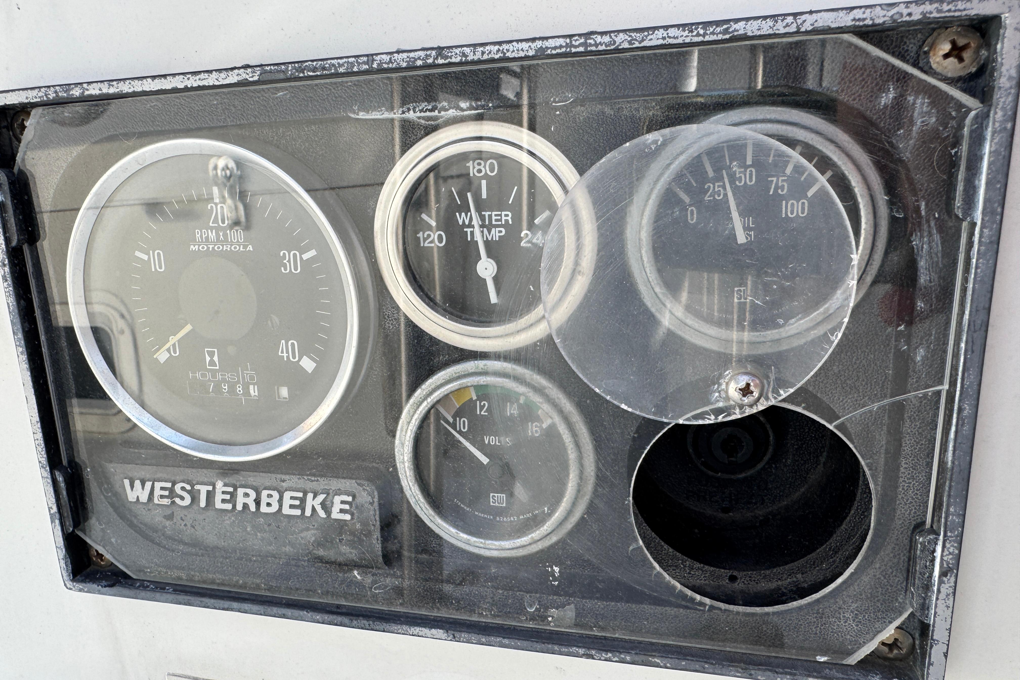 Instrument panel of a 1984 C&C Landfall boat with Westerbeke gauges.