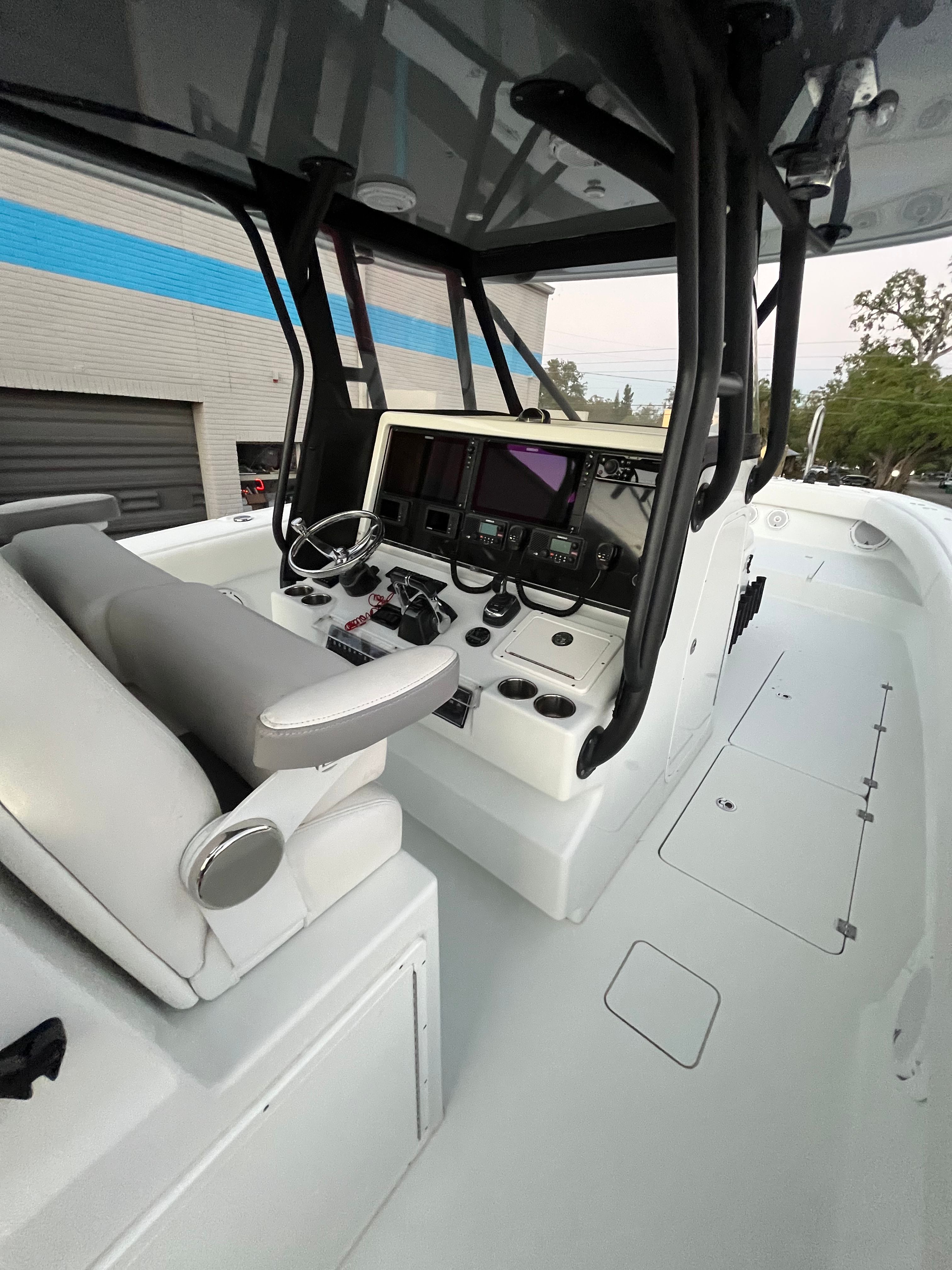 Interior view of a 2017 Freeman 37VH boat helm.