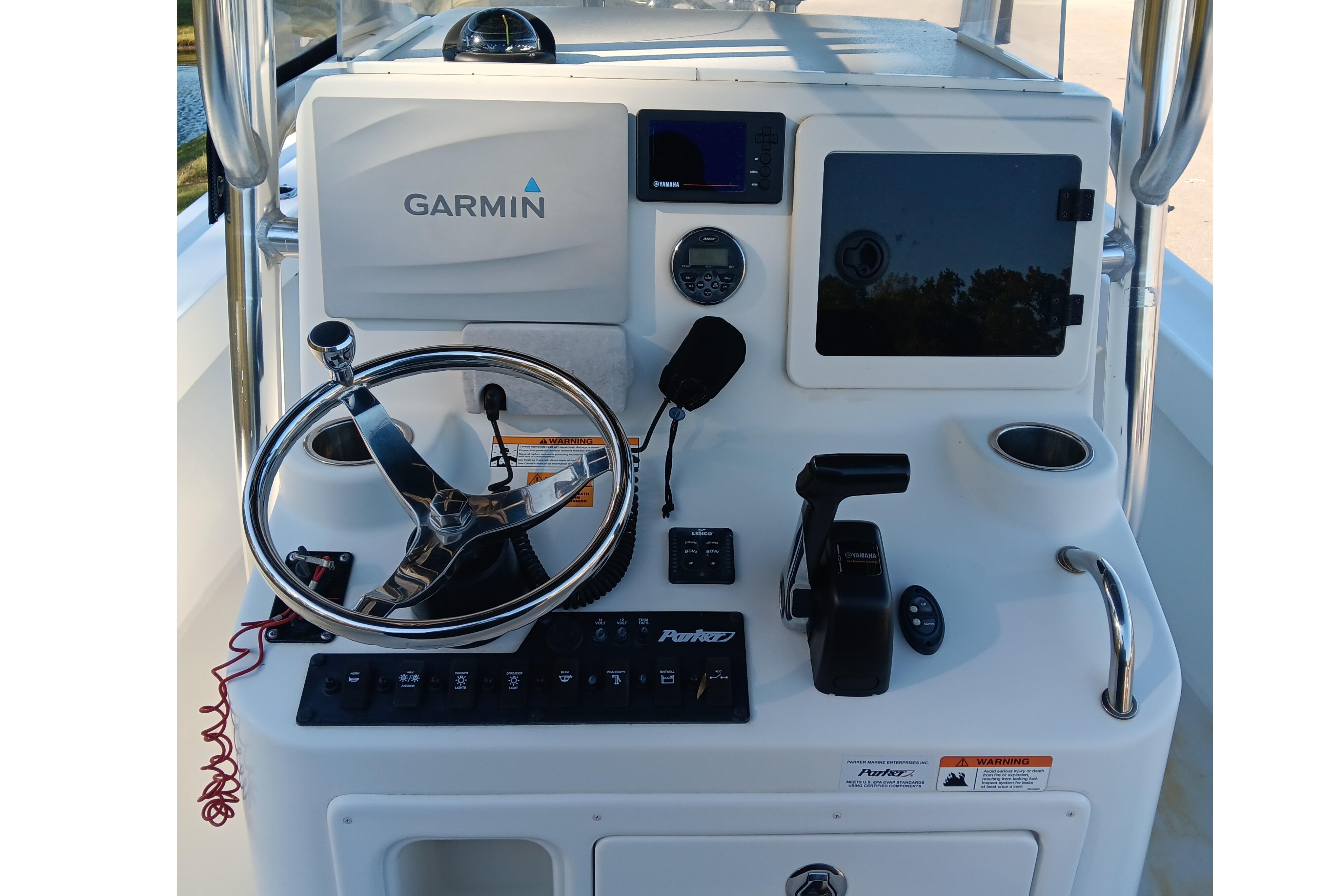 Control panel of 2016 Parker 2300 Special Edition boat with Garmin navigation system.