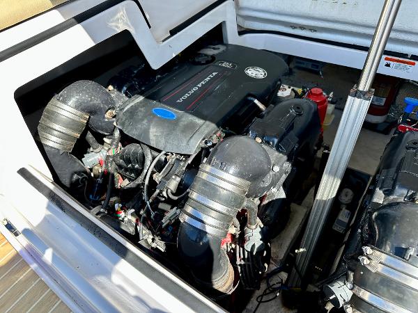 Engine compartment of a 2018 Regal 3300 boat with a Volvo Penta engine.