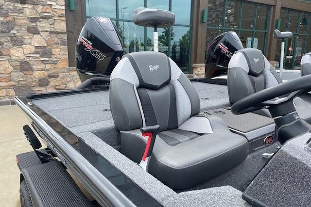 2025 Ranger ALPHA 208 boat interior with gray seating and dual engines.