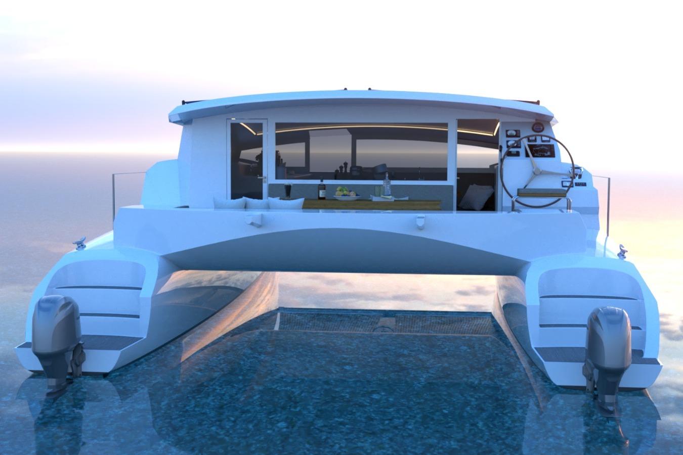 2026 Catamaran Cruisers Power Cat on serene water at sunset.