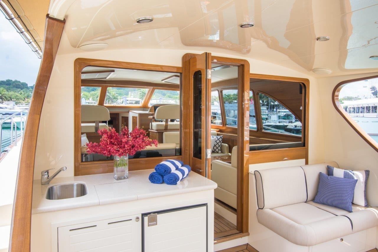 Luxurious 2026 Palm Beach Motor Yachts PB52 interior with elegant seating and modern amenities.