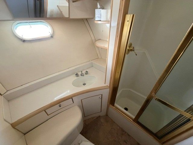 Luxurious bathroom on a 1990 Custom Motor Yacht.
