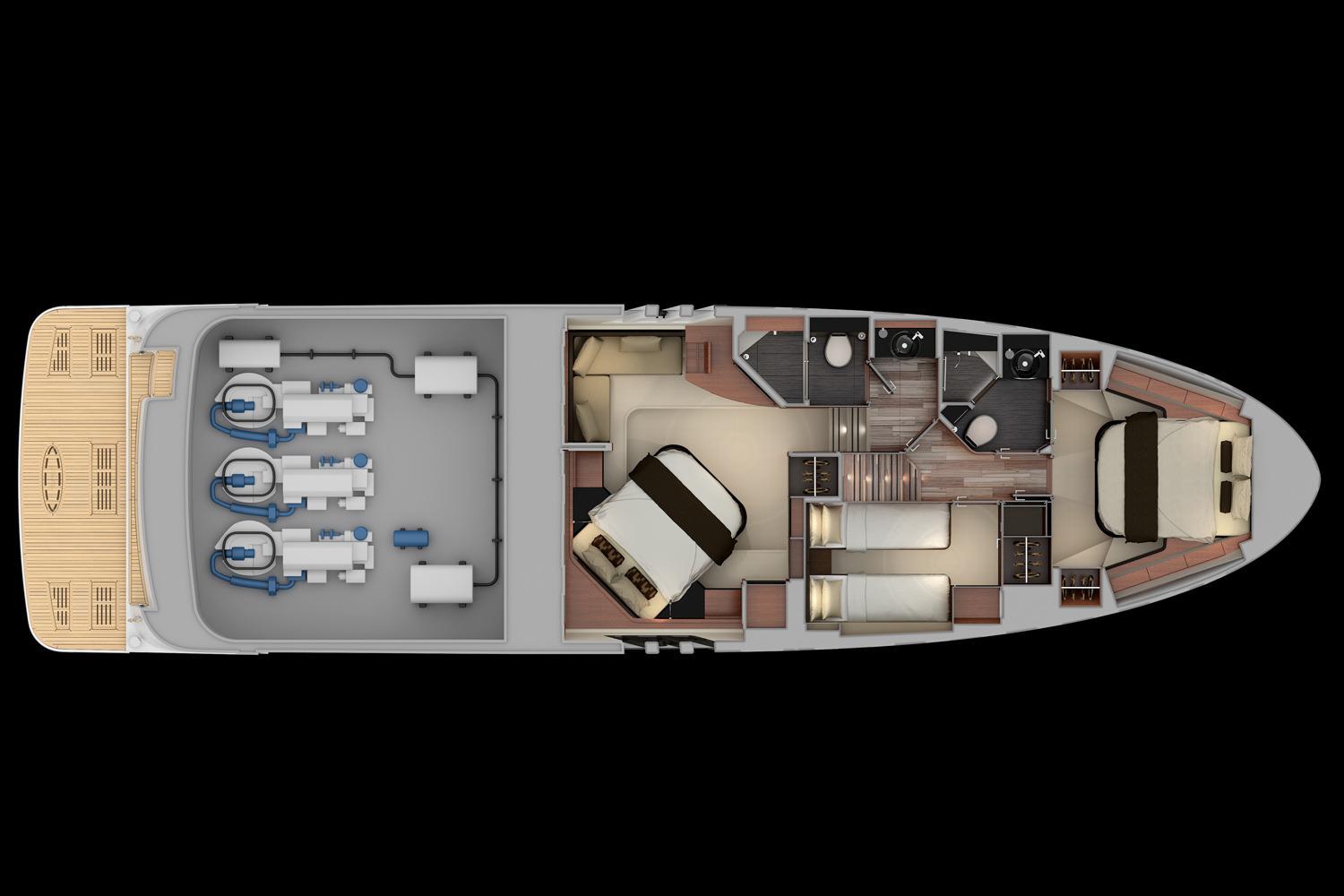 Manufacturer Provided Image: 2016 Sea Ray L590 yacht interior layout with bedrooms, bathrooms, and engine room.