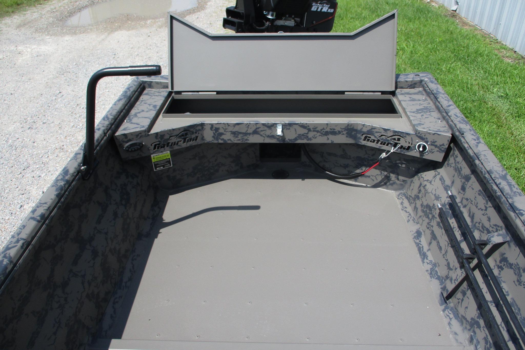 2026 Gator Tail 1754 Extreme boat interior with camo design and storage compartment.