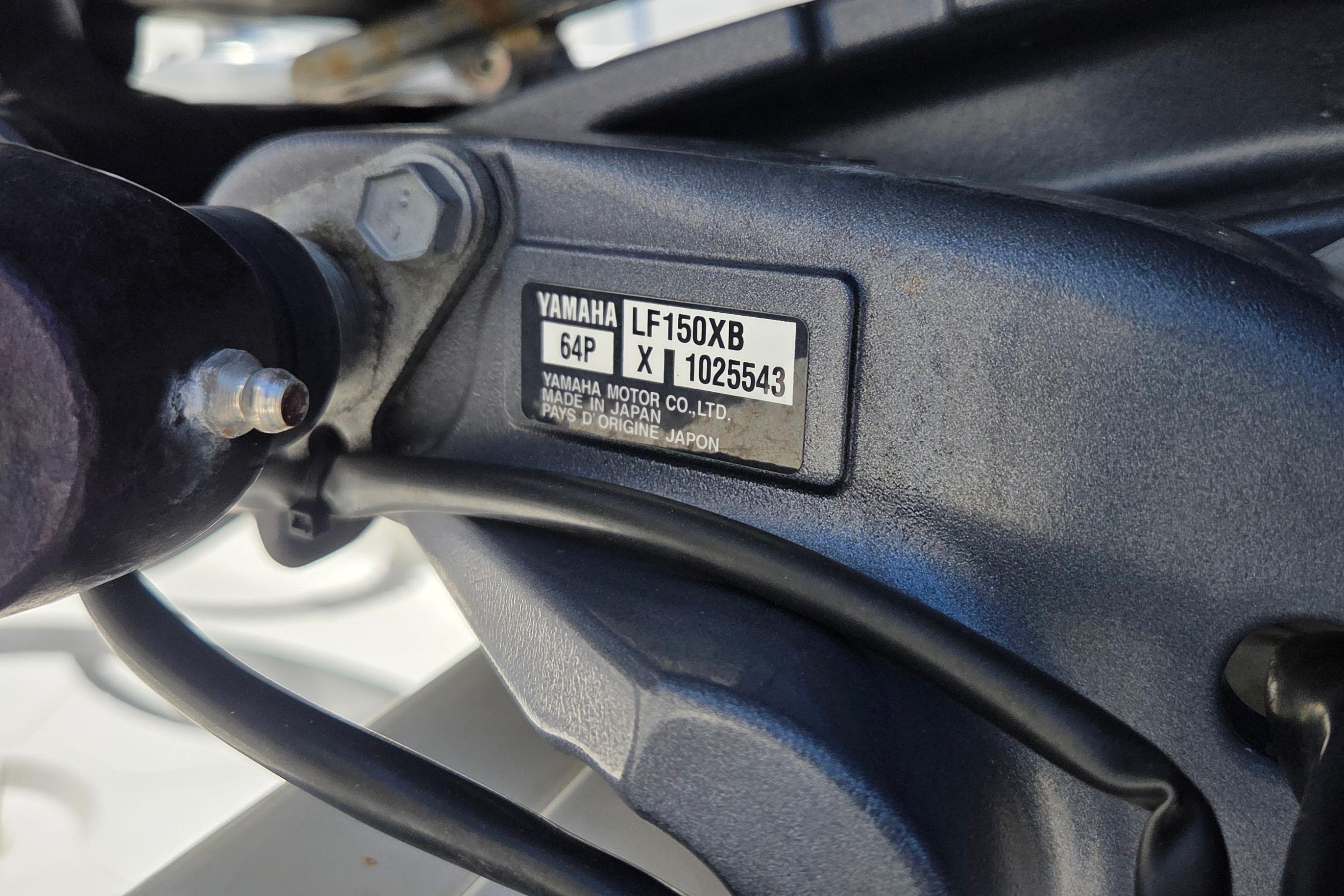 Yamaha motor label on 2022 World Cat 255 DC boat engine, model LF150XB.