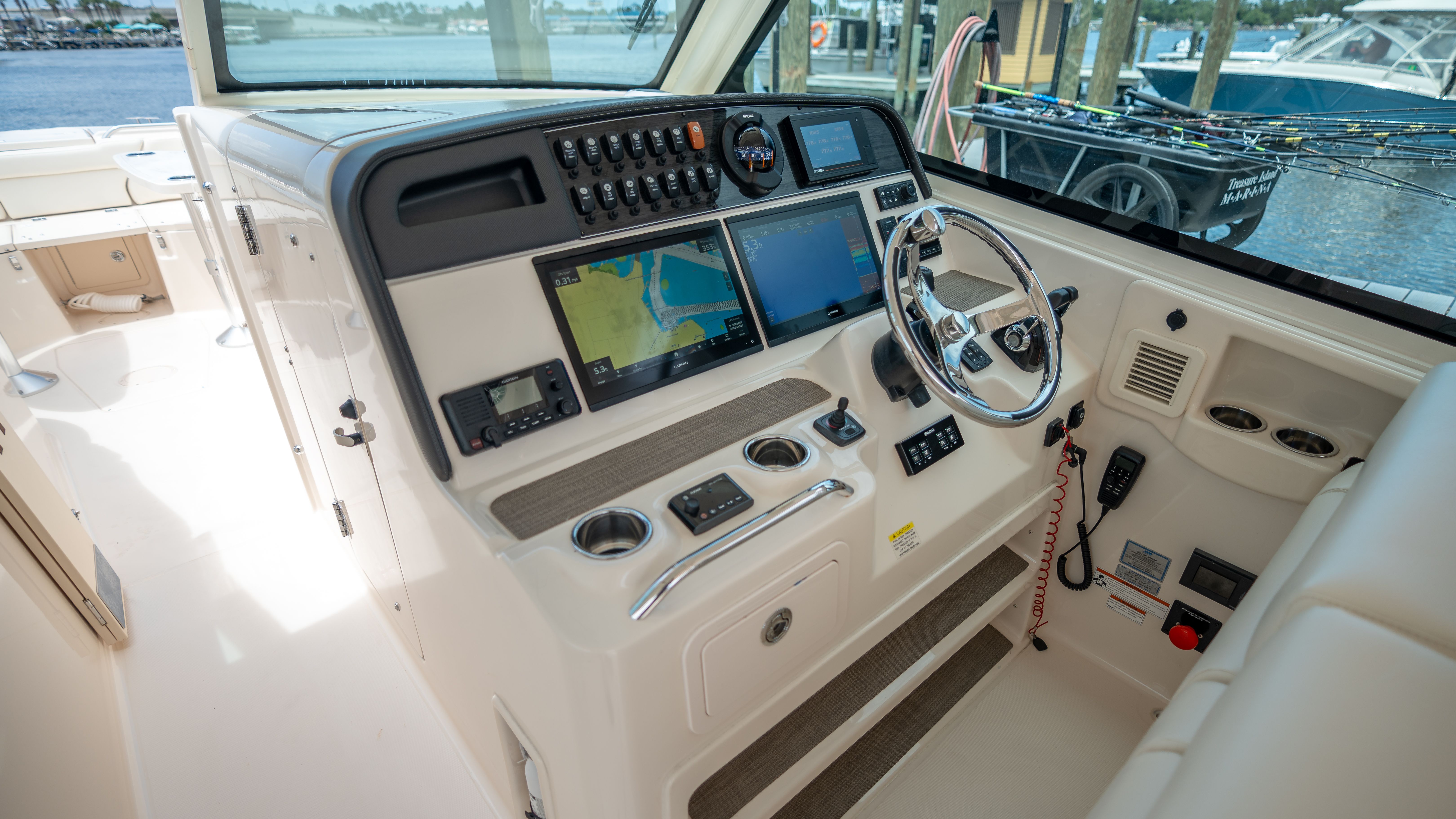 The image shows the helm of a 2019 Grady-White 375 Freedom.