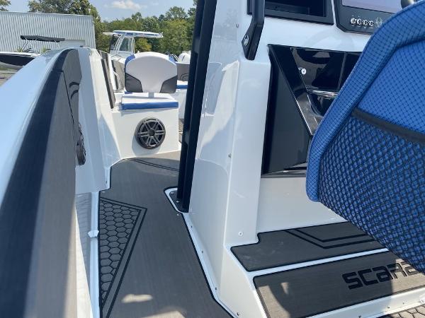 2021 Scarab 255 Open ID boat interior, featuring modern seating and sleek design.
