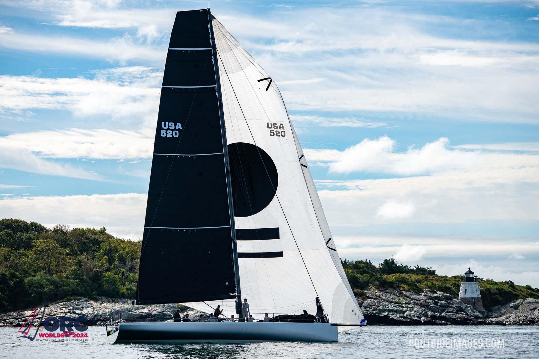 Sailing yacht Judel and Vrolijk TP52, 2015, on water near lighthouse, ORC Worlds 2024.