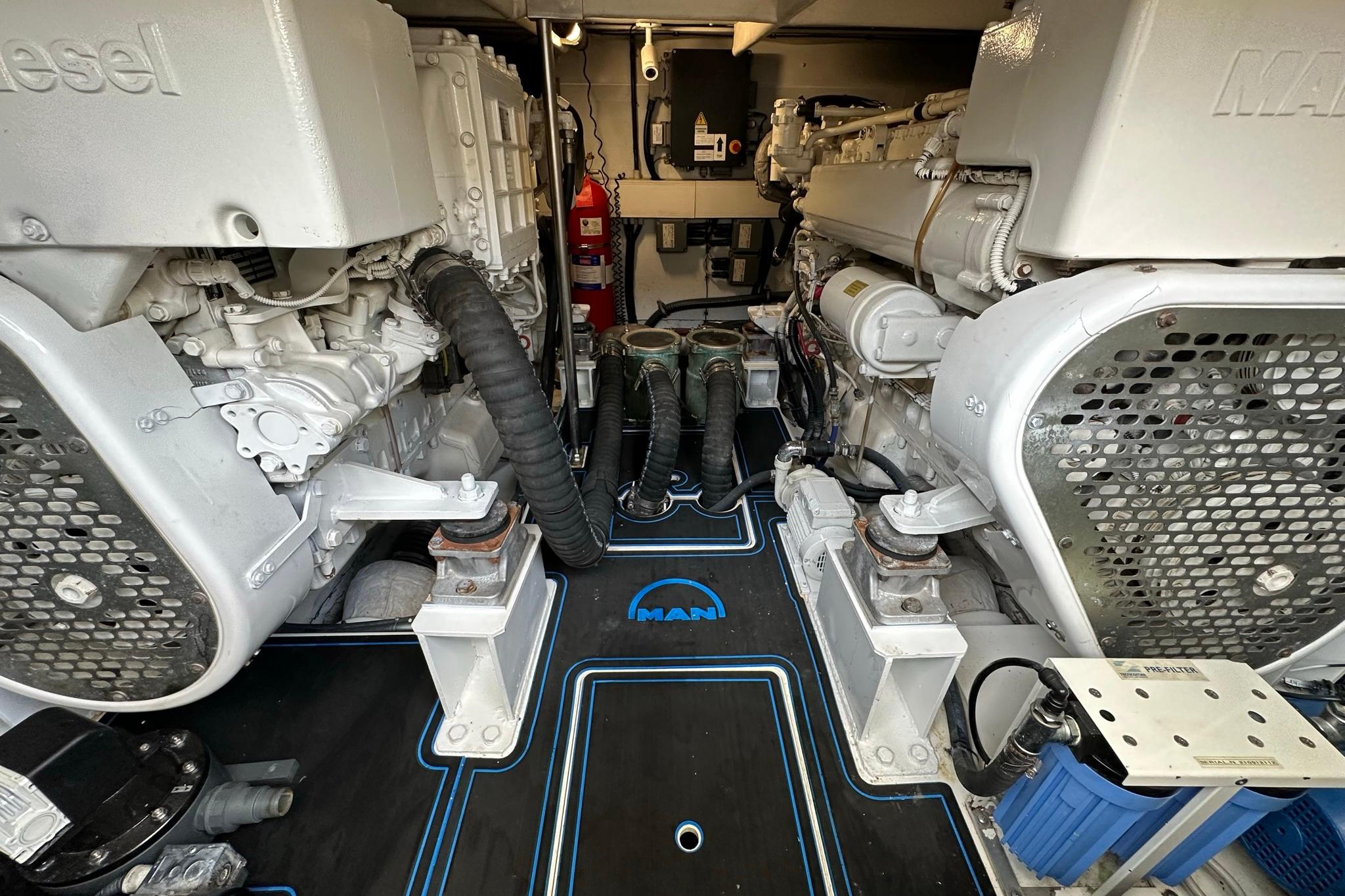 Engine room of 2013 Azimut Fly 53 yacht, featuring dual MAN diesel engines.