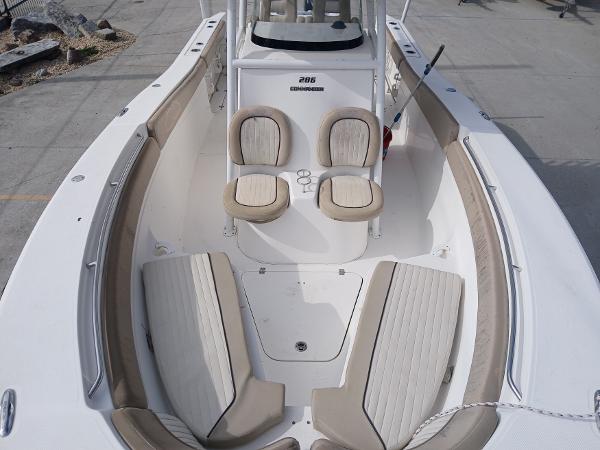 2015 Sea Fox 286 Commander boat interior with cushioned seating and spacious deck.