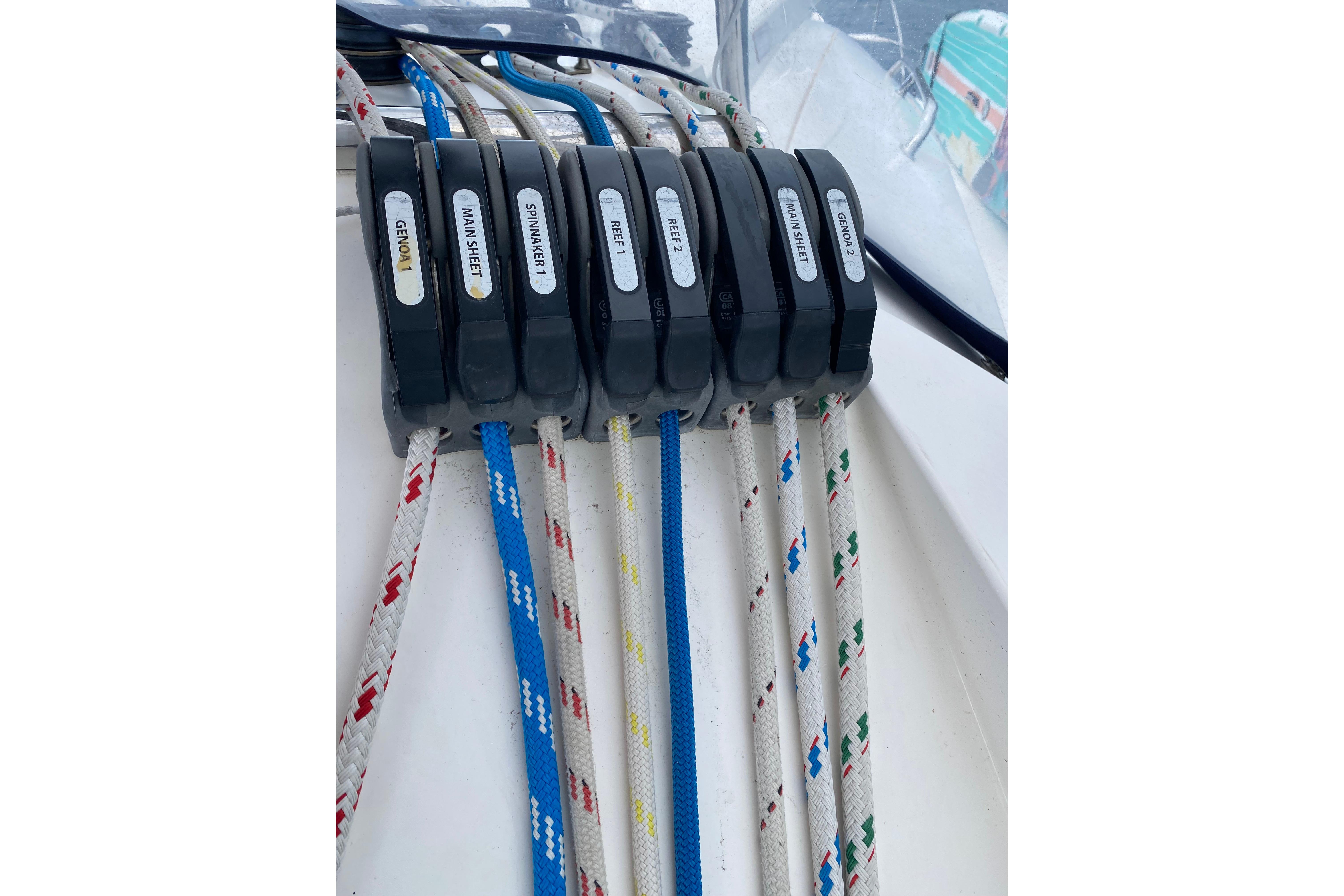 Sailing ropes and clutches on a 2017 Leopard 40 catamaran deck.