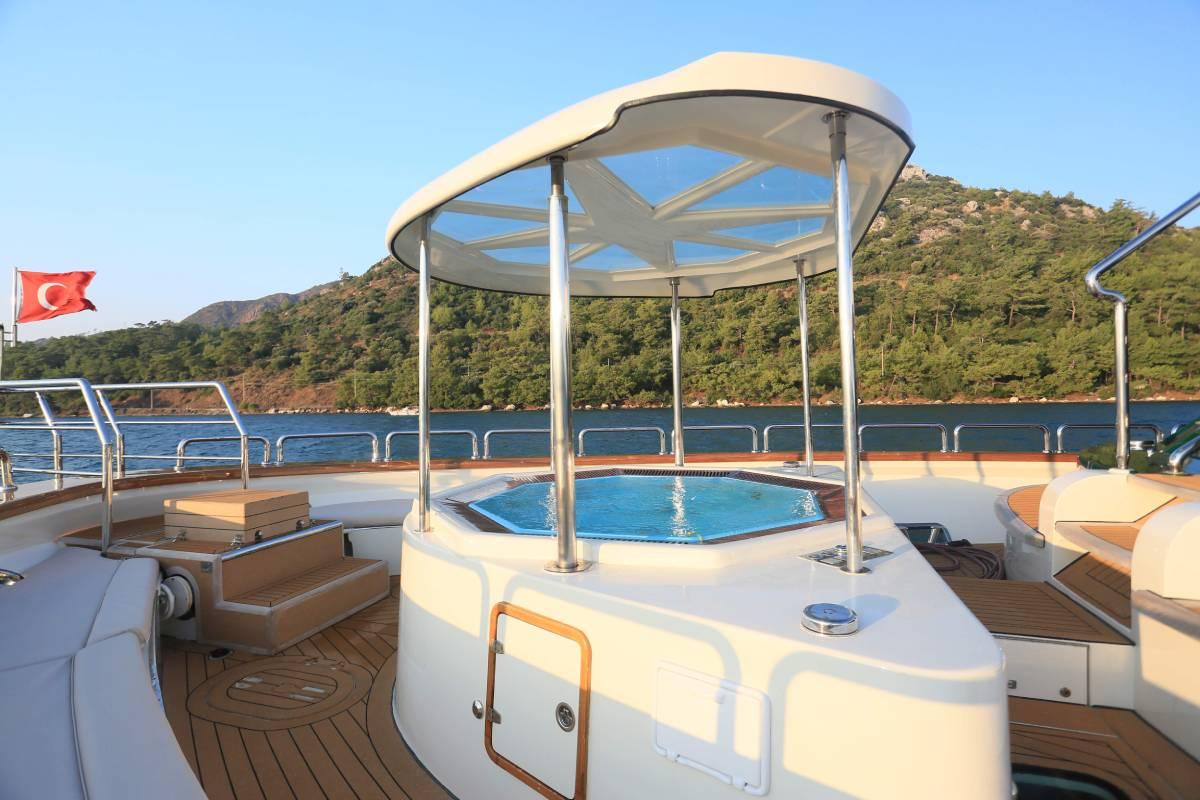 Luxurious 2004 Westport Custom yacht deck with jacuzzi and scenic water view.