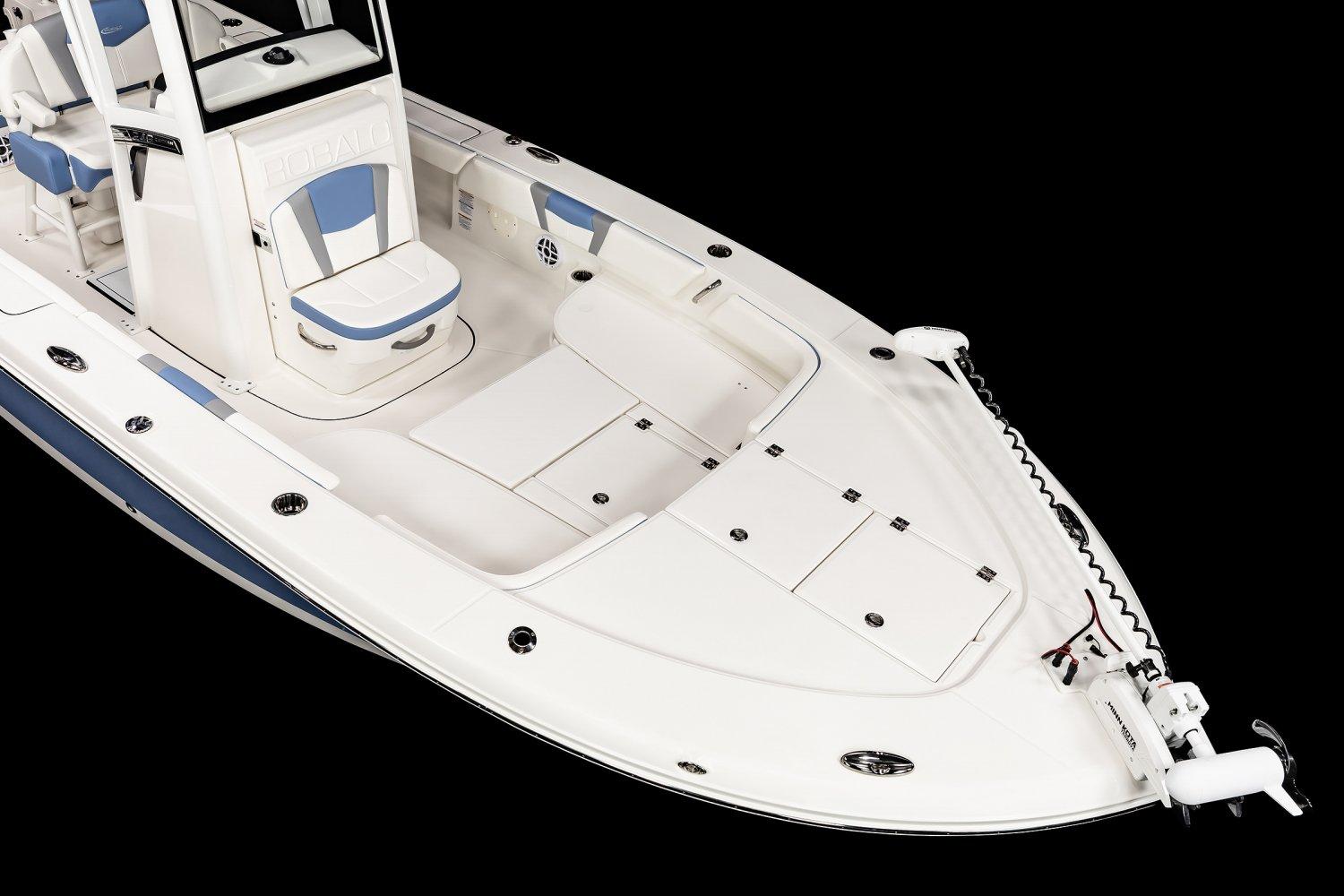 Manufacturer Provided Image: 2025 Robalo 246 Cayman boat with sleek white and blue design, top view.