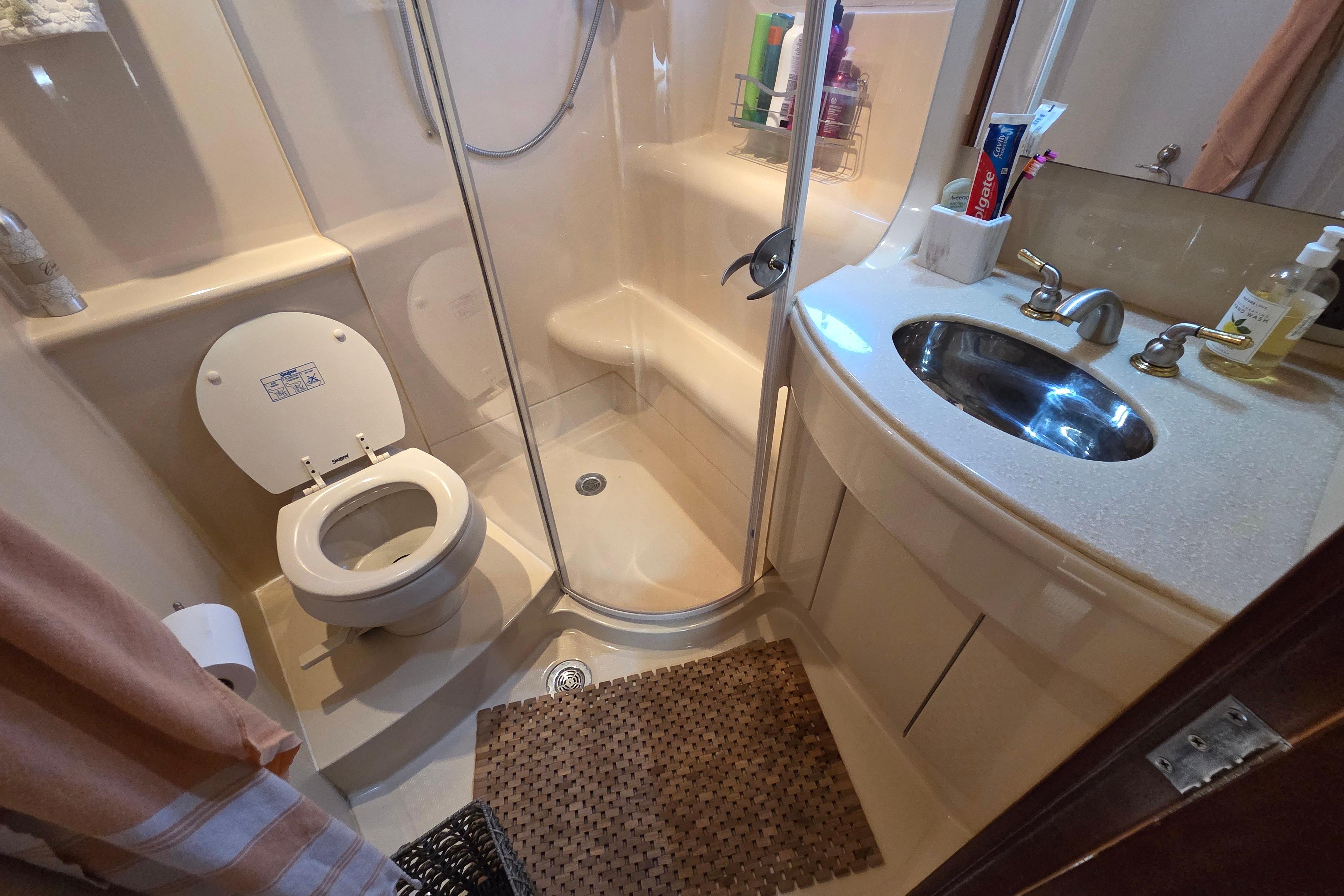 Bathroom interior of 2005 Meridian 411 Sedan yacht, featuring shower, toilet, and sink.