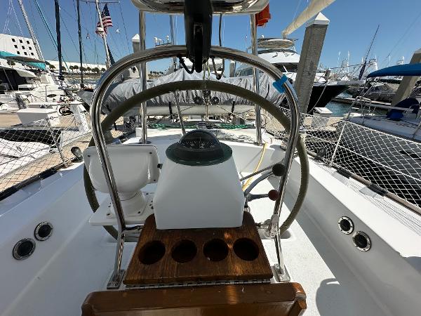 Cockpit of a 1989 Concordia 52 sailboat docked at a marina.