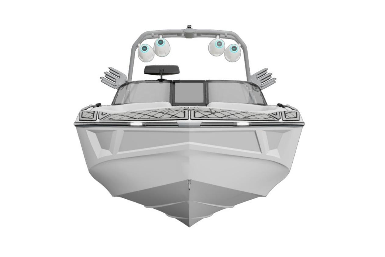 Front view of 2027 MB B52 25 Alpha boat with sleek design and modern features.