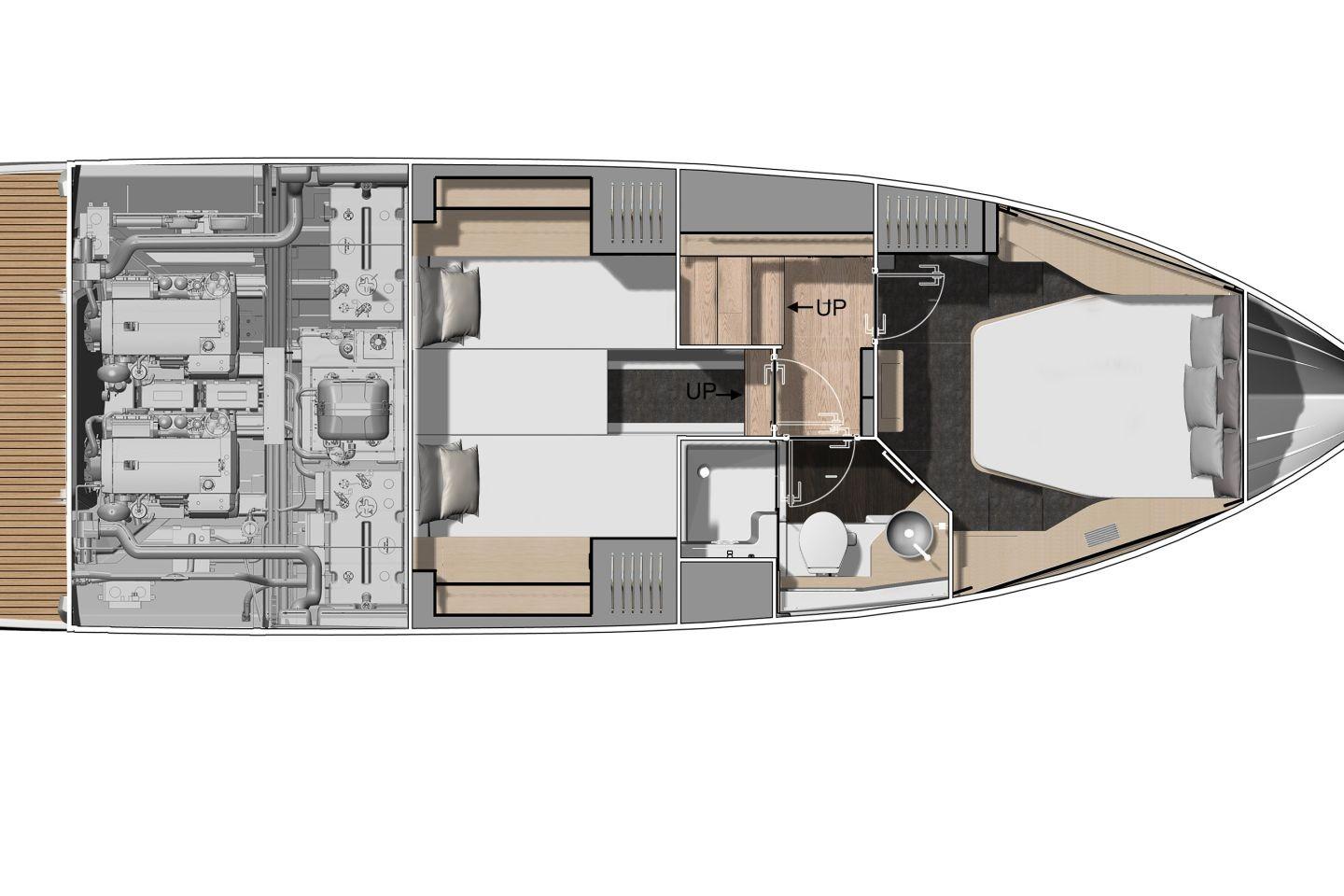 Floor plan of 2026 Jeanneau DB/37 IB yacht, featuring engine room and sleeping quarters.