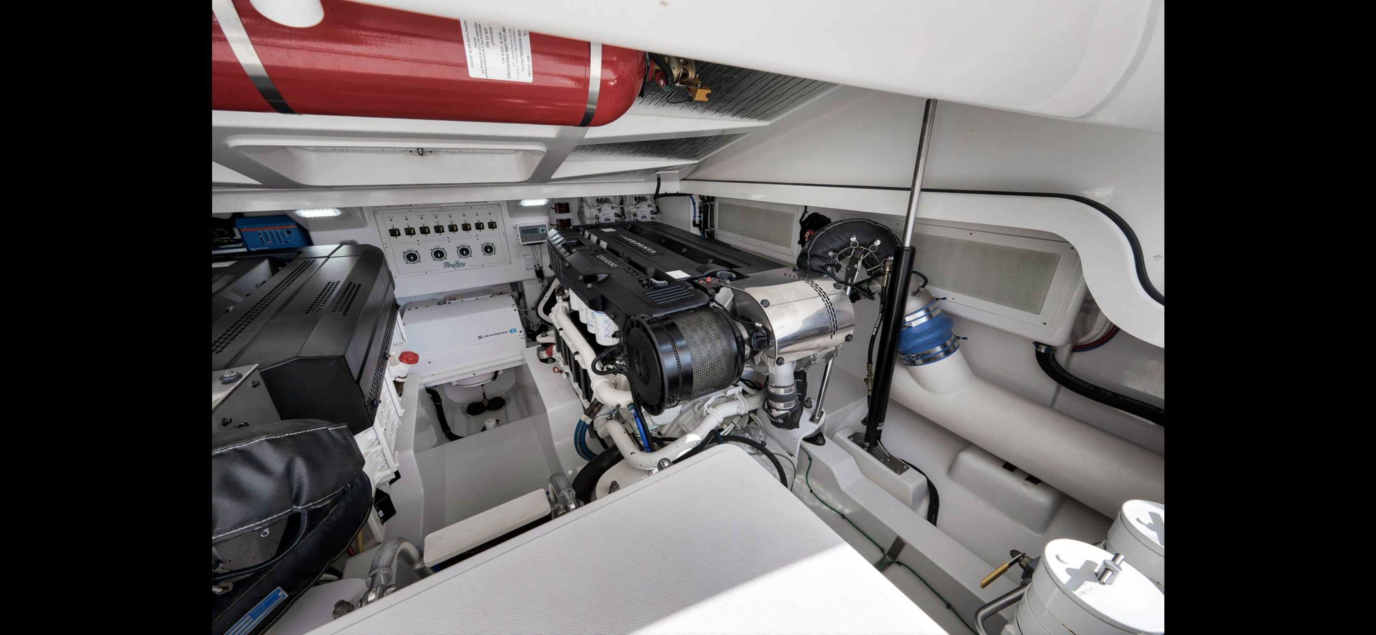 Engine room of 2022 Mag Bay 42 Express, clean and well-organized.