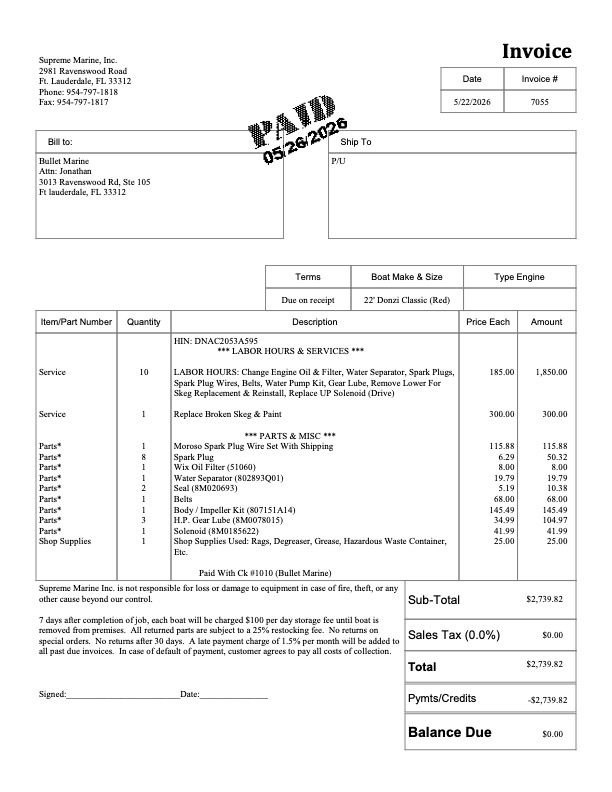 Invoice for a 1995 Donzi Classic with repair details and costs.
