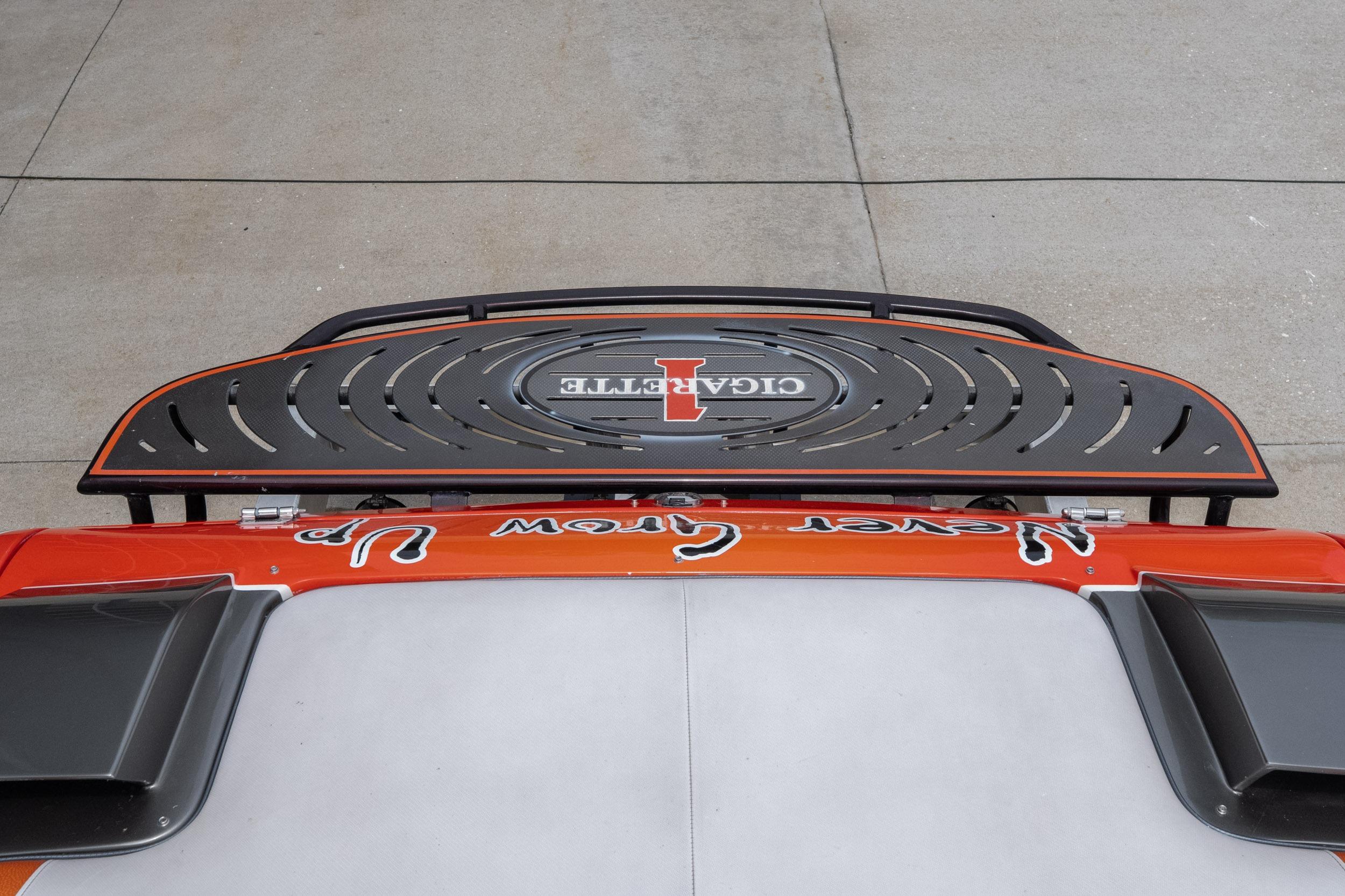 Top view of a 2006 Cigarette 39' Top Gun Unlimited boat with distinctive design elements.
