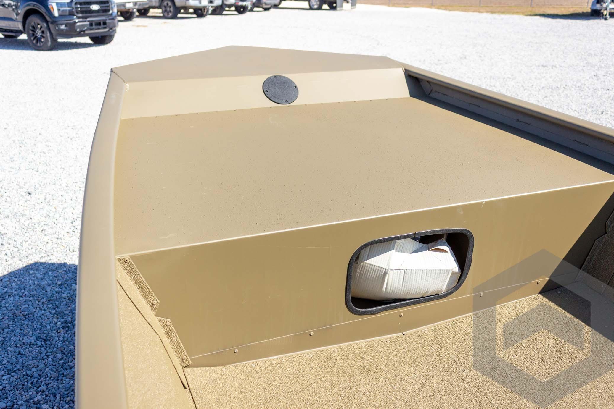 2026 G3 Gator Tough 1652 VBW boat, beige deck, storage compartment, outdoor setting.