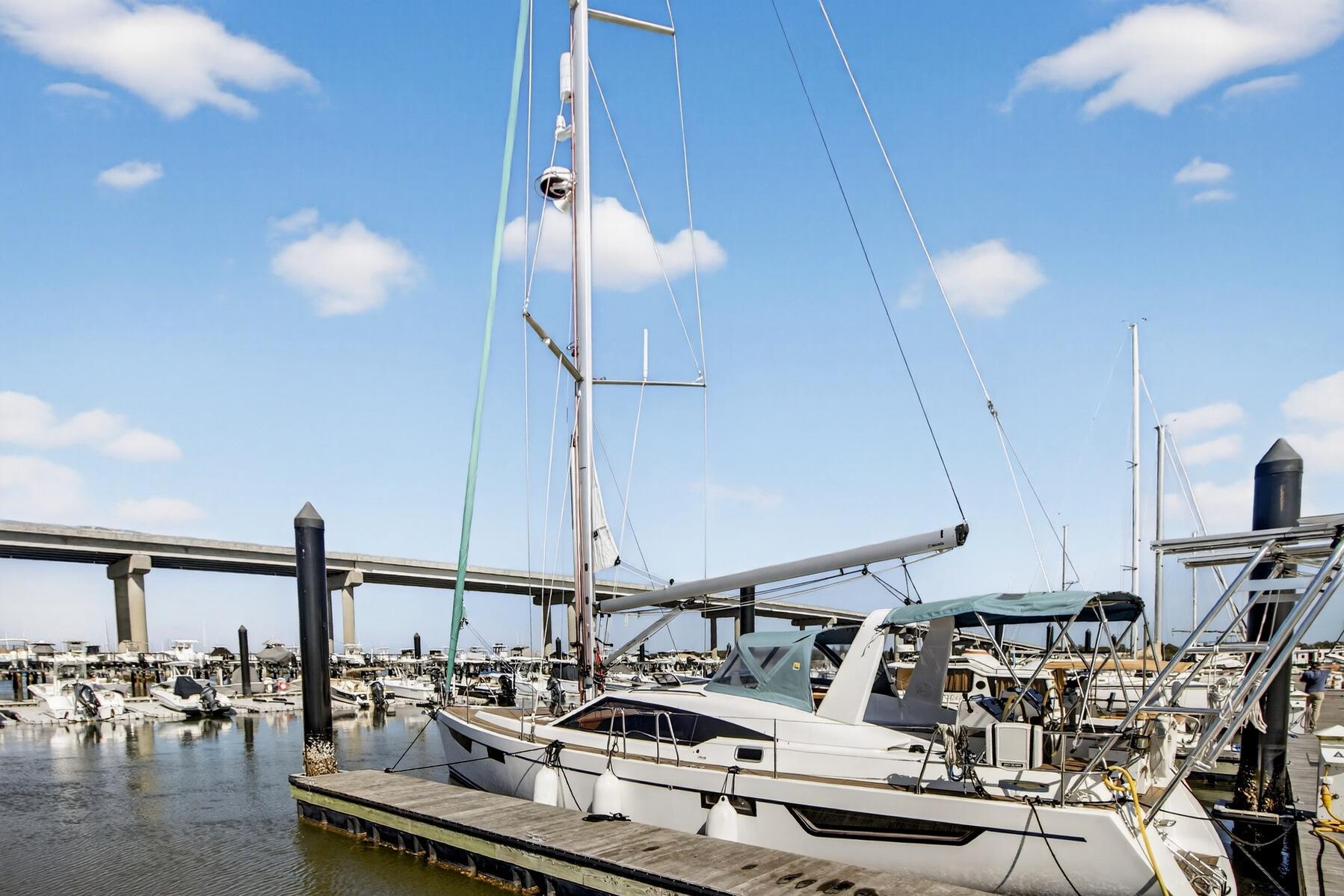2024 Southerly 420 sailboat docked at marina under blue sky.
