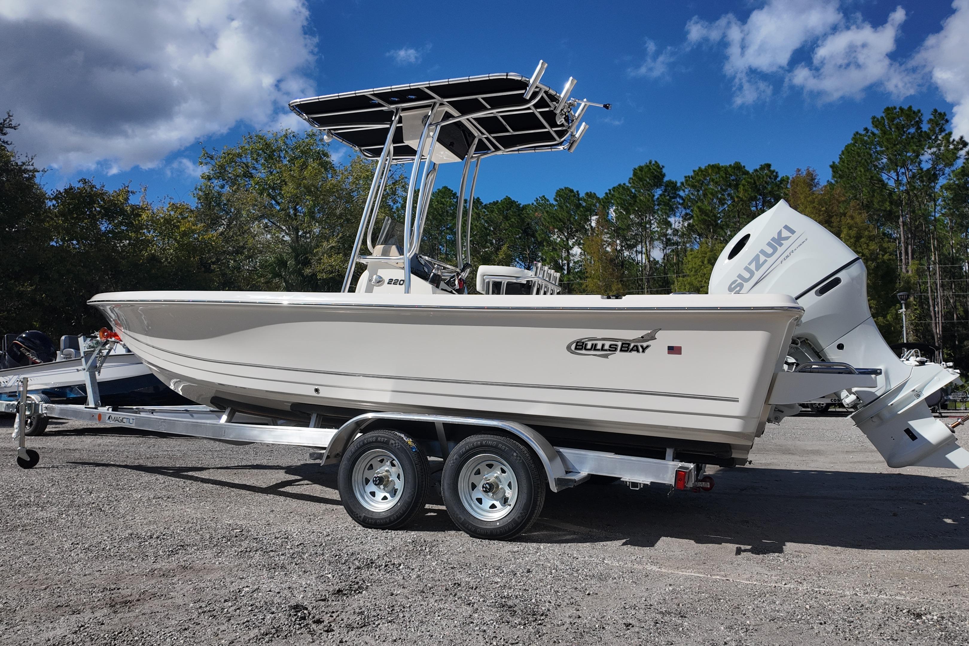 2026 Bulls Bay 2200 boat on trailer with Suzuki outboard, parked outdoors under blue sky.