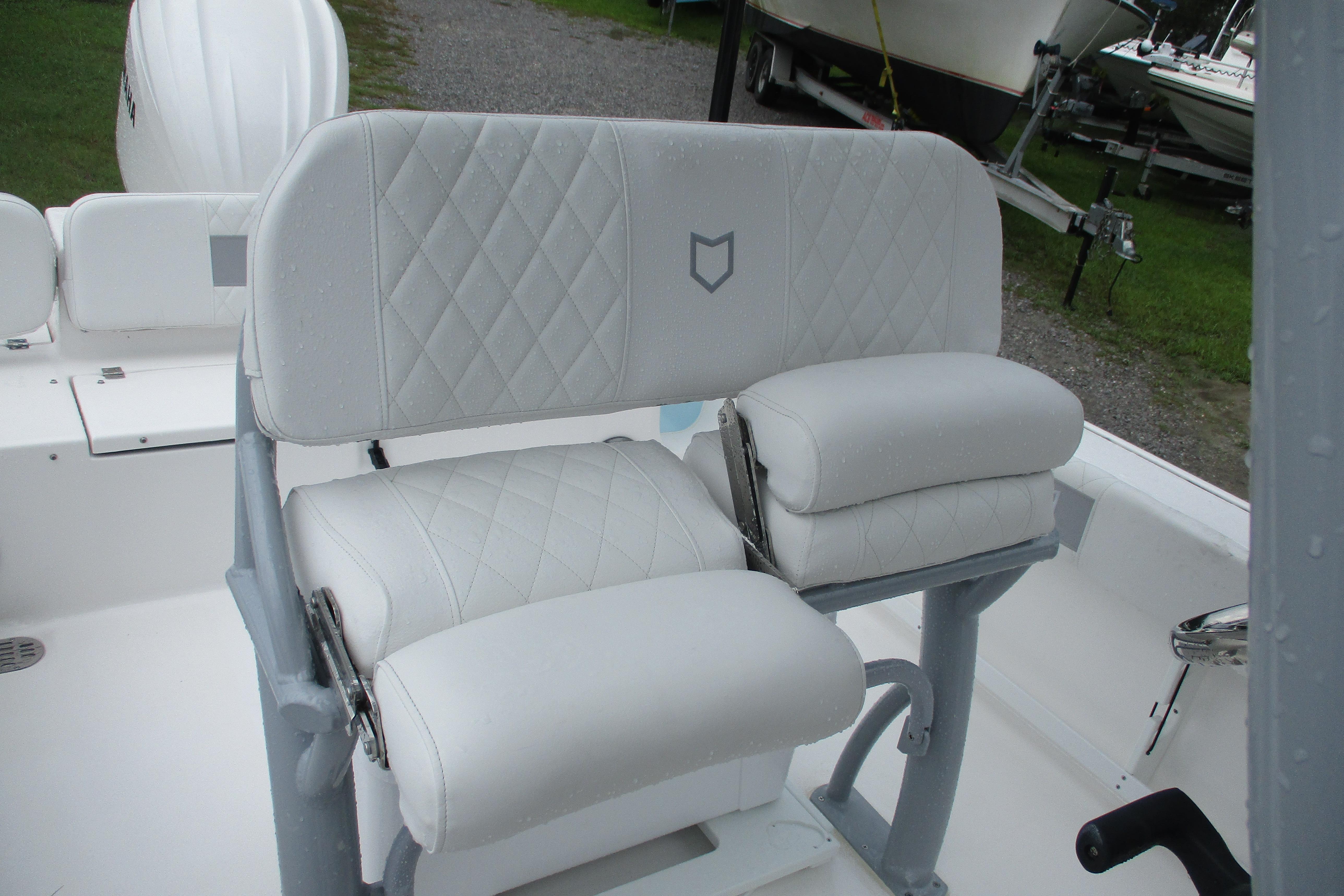 2026 Sea Fox 248 Commander boat seat with diamond-stitched upholstery.