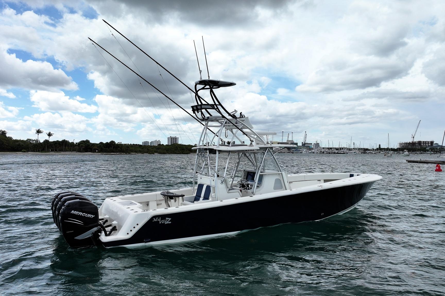 2022 SeaVee 390Z boat with Mercury engines on a cloudy day.