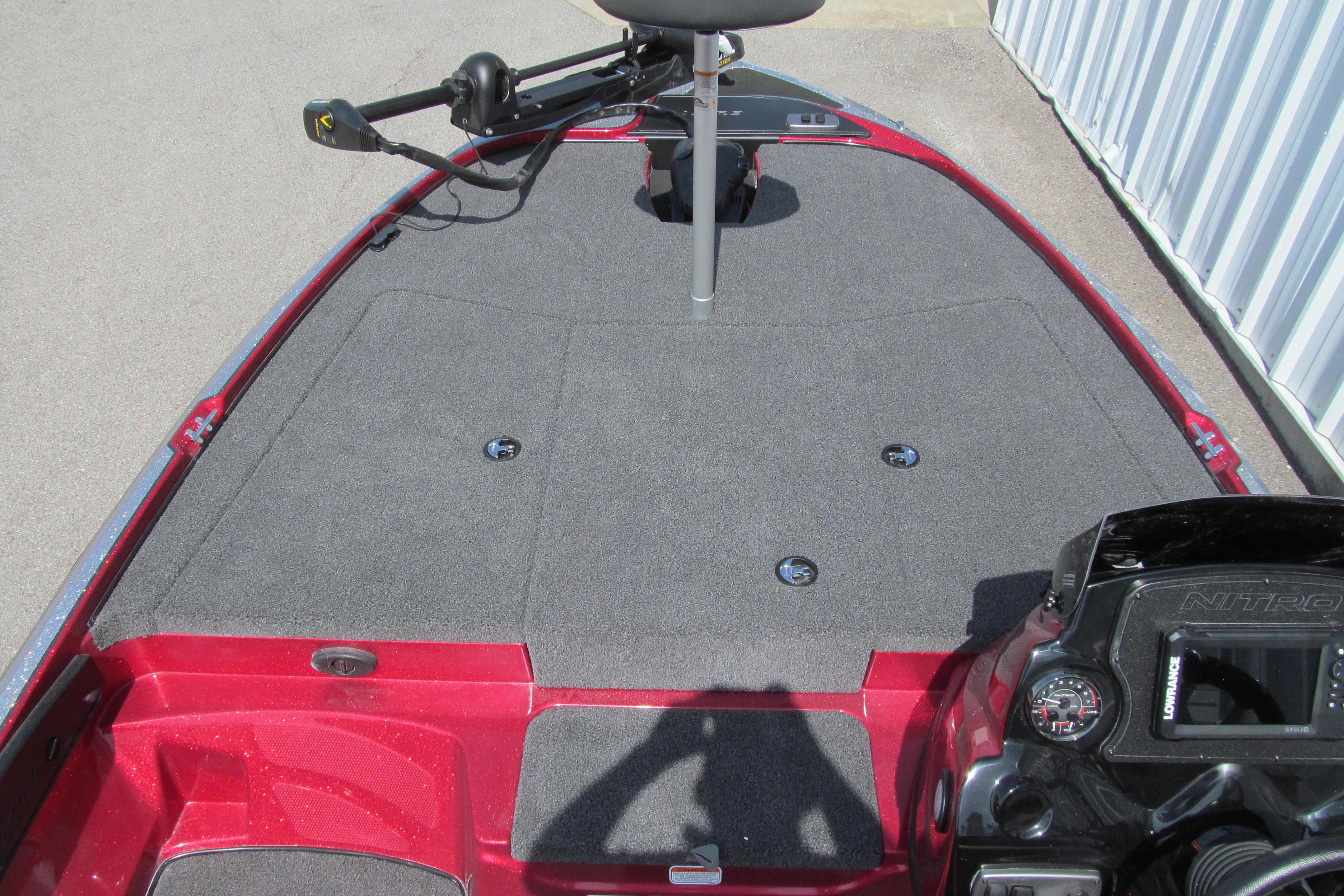 2026 Nitro Z17 boat deck with trolling motor and control panel.