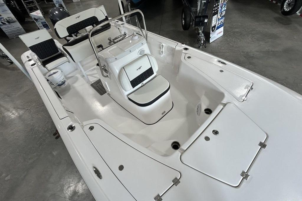 2026 Tidewater 1910 Bay Max boat interior with seating and storage compartments.