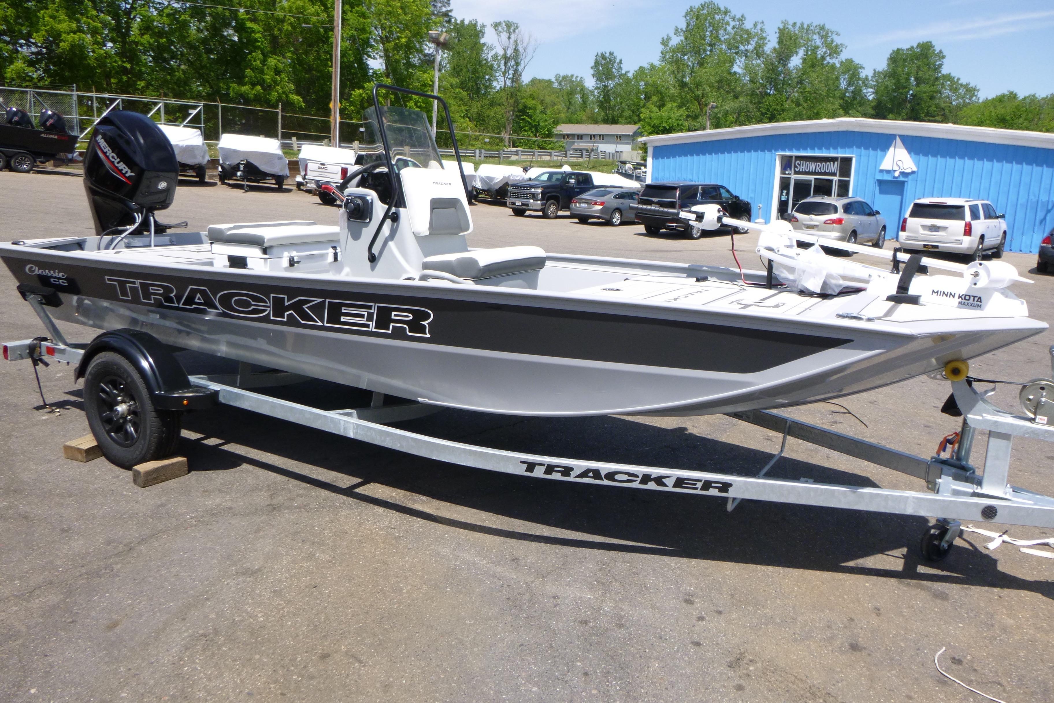 2026 Tracker Bass Tracker Classic CC boat on trailer in dealership lot.