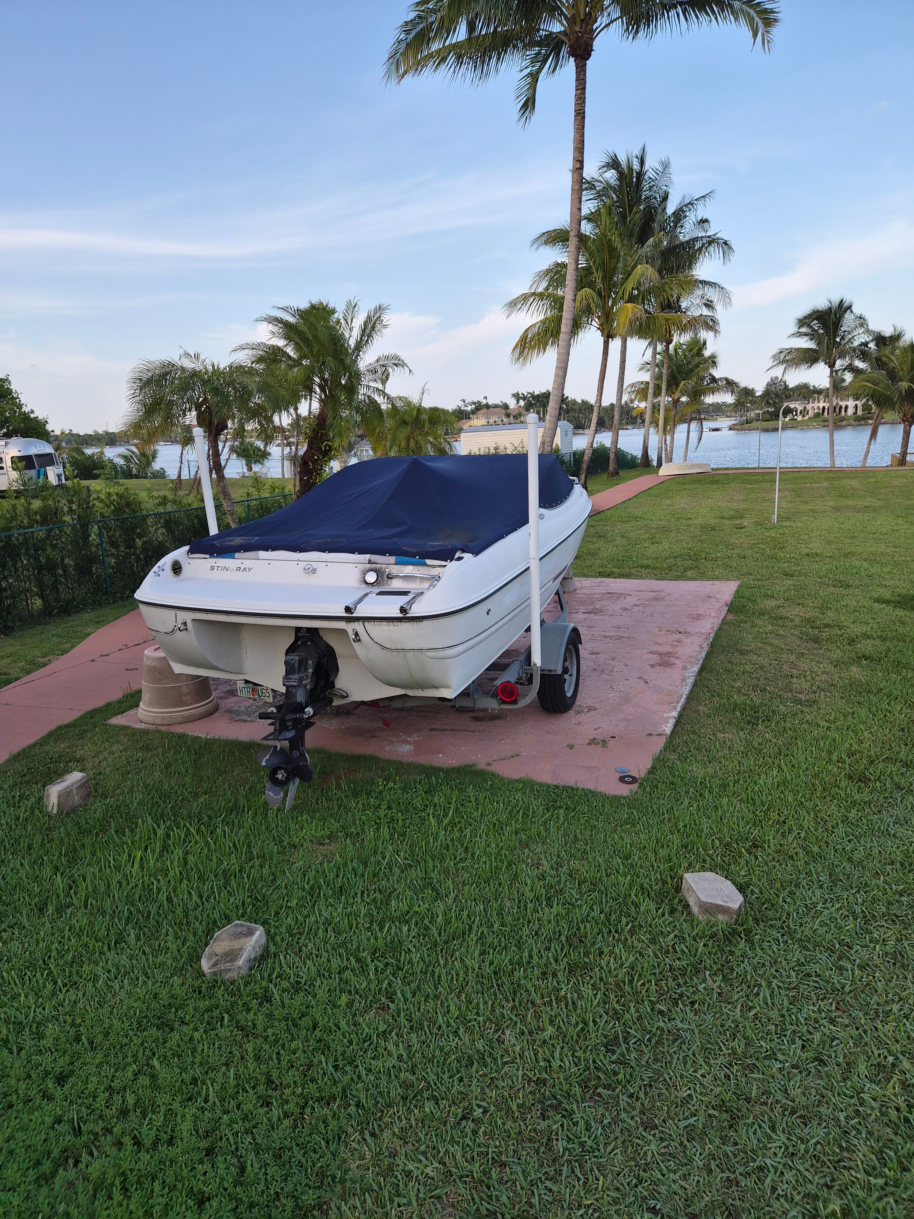 A white boat with a blue cover sits on a trailer on a grassy area, surrounded by palm trees.